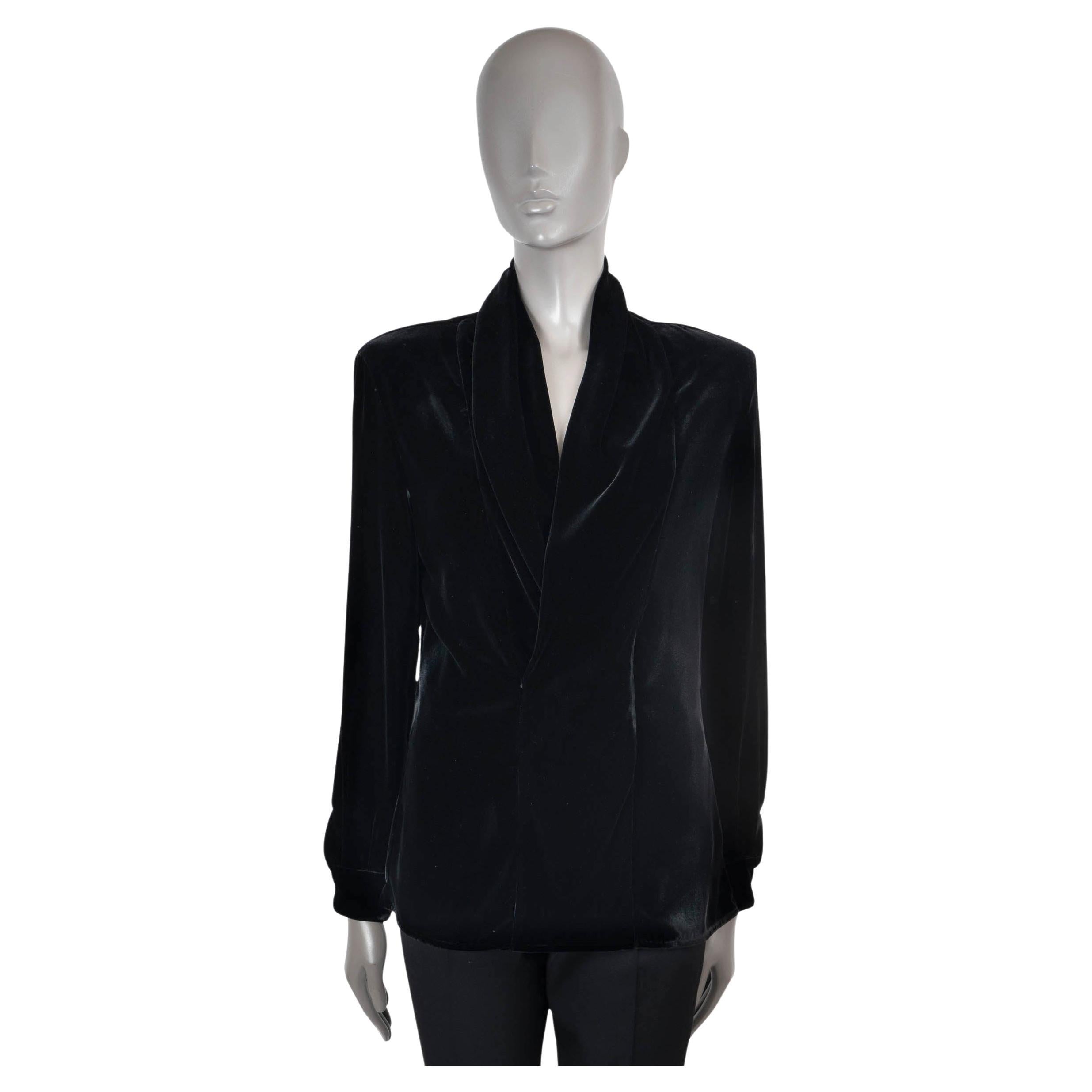 SAINT LAURENT black viscose 2022 V-NECK VELVET Blouse Shirt 38 S For Sale