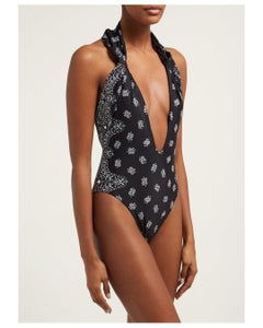 Saint Laurent black & white bandana print plunging one piece swimsuit bikini XS