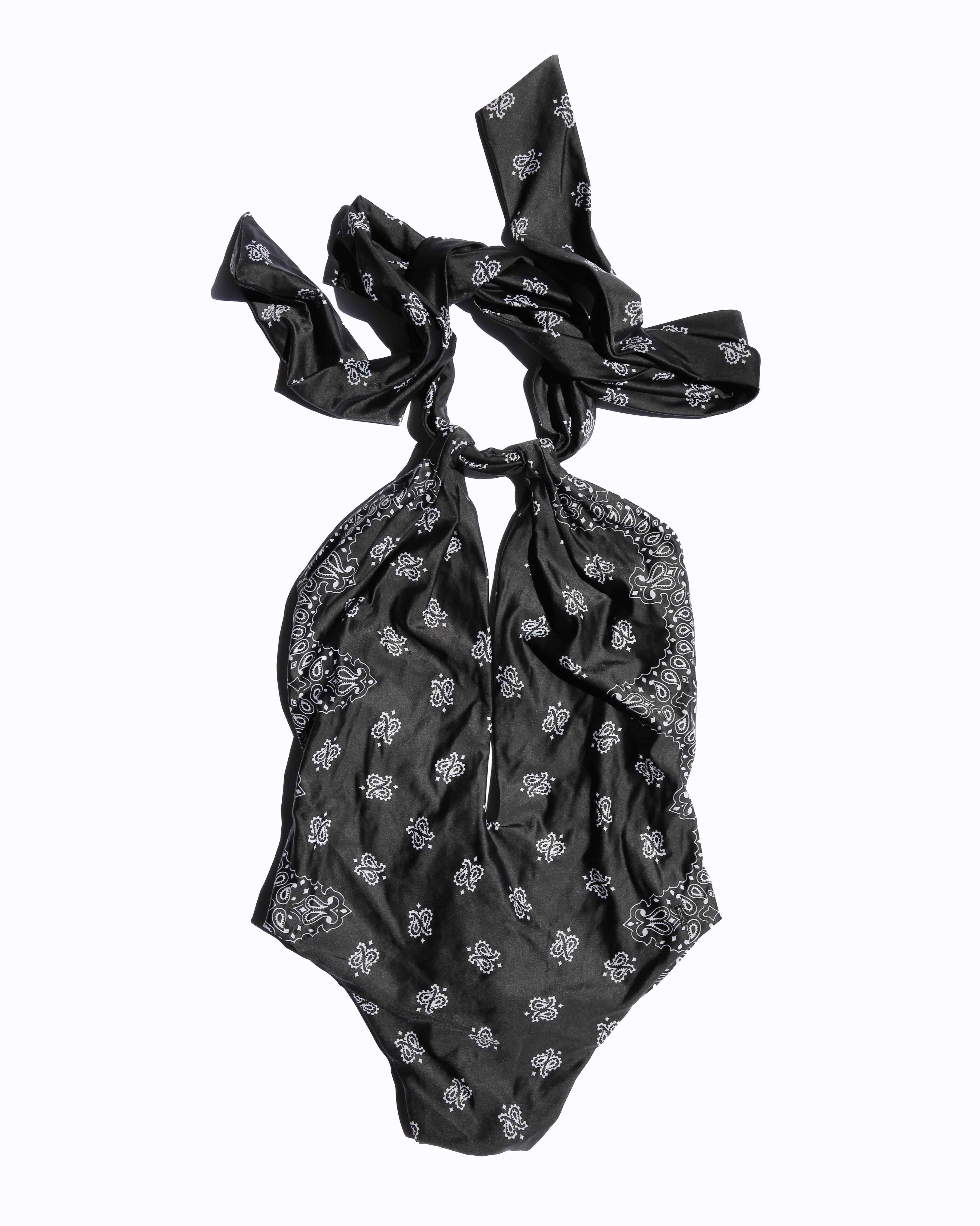 Saint Laurent black & white bandana print plunging one piece swimsuit bikini XS In Excellent Condition For Sale In Paris, FR