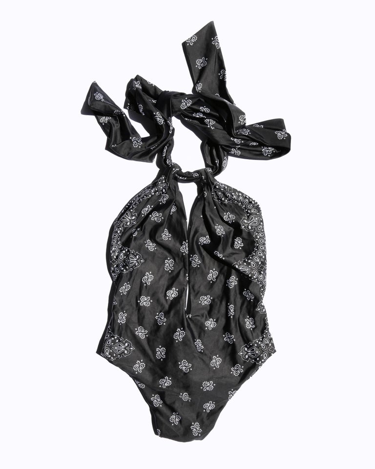 Saint Laurent black and white bandana print plunging one piece swimsuit bikini XS For Sale at