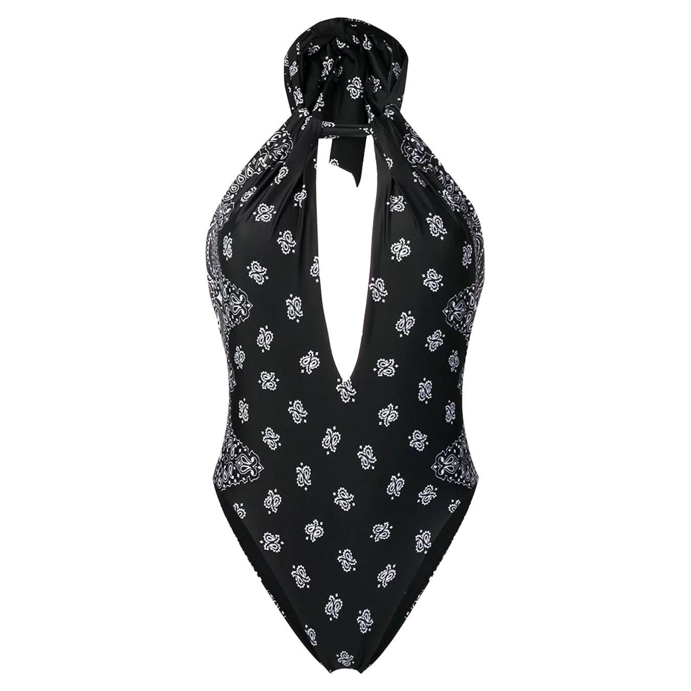 Saint Laurent black & white bandana print plunging one piece swimsuit bikini XS