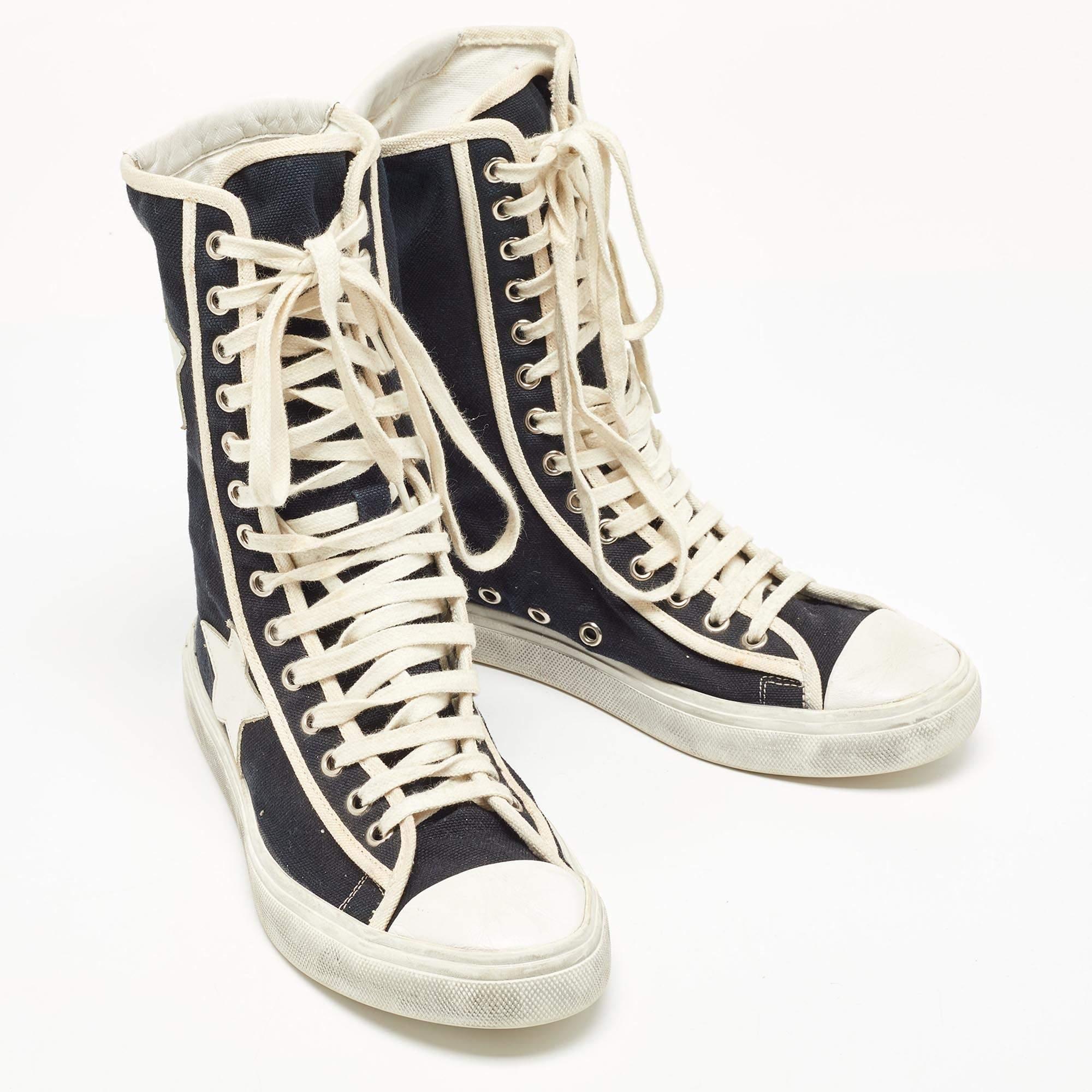Saint Laurent Black/White Canvas and Leather Star Applique High Top Sneakers  For Sale 3