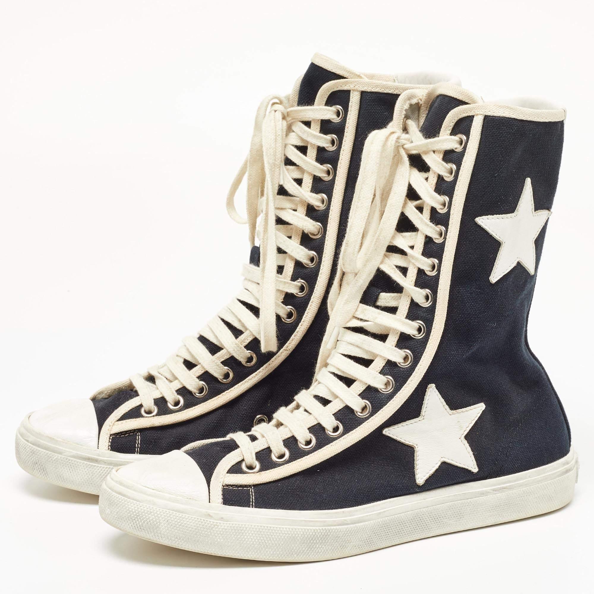 Saint Laurent Black/White Canvas and Leather Star Applique High Top Sneakers  For Sale 4