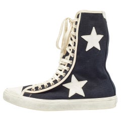 Saint Laurent Black/White Canvas and Leather Star Applique High Top Sneakers