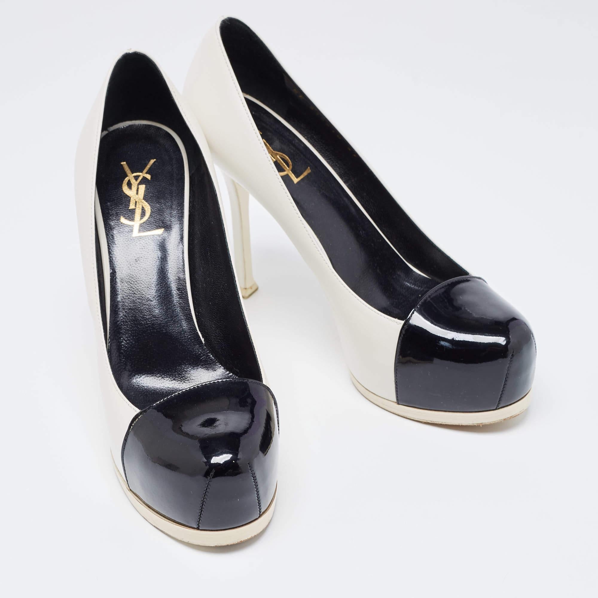 Women's Saint Laurent Black/White Leather and Patent Tribtoo Pumps Size 37 For Sale