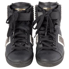 SAINT LAURENT black & white leather COURT SL/14H STUDDED Sneakers Shoes 37.5