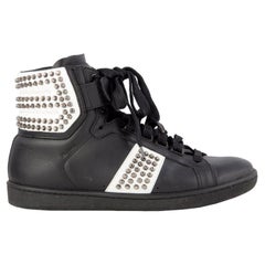 SAINT LAURENT black & white leather COURT SL/14H STUDDED Sneakers Shoes 37.5