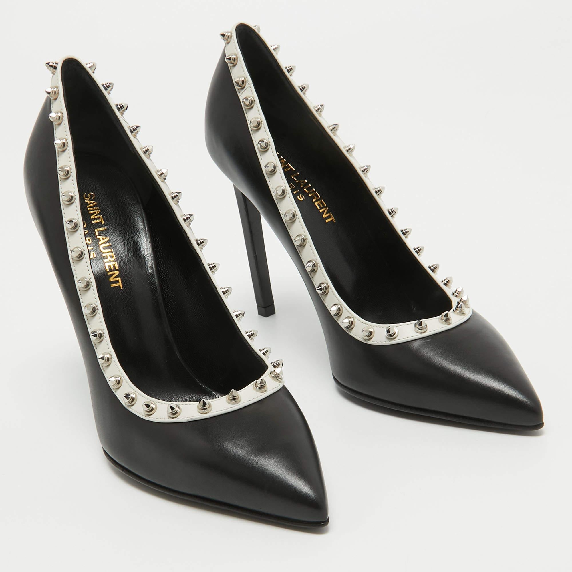 Saint Laurent Black/White Leather Studded Pointed Toe Pumps Size 36 In New Condition For Sale In Dubai, Al Qouz 2