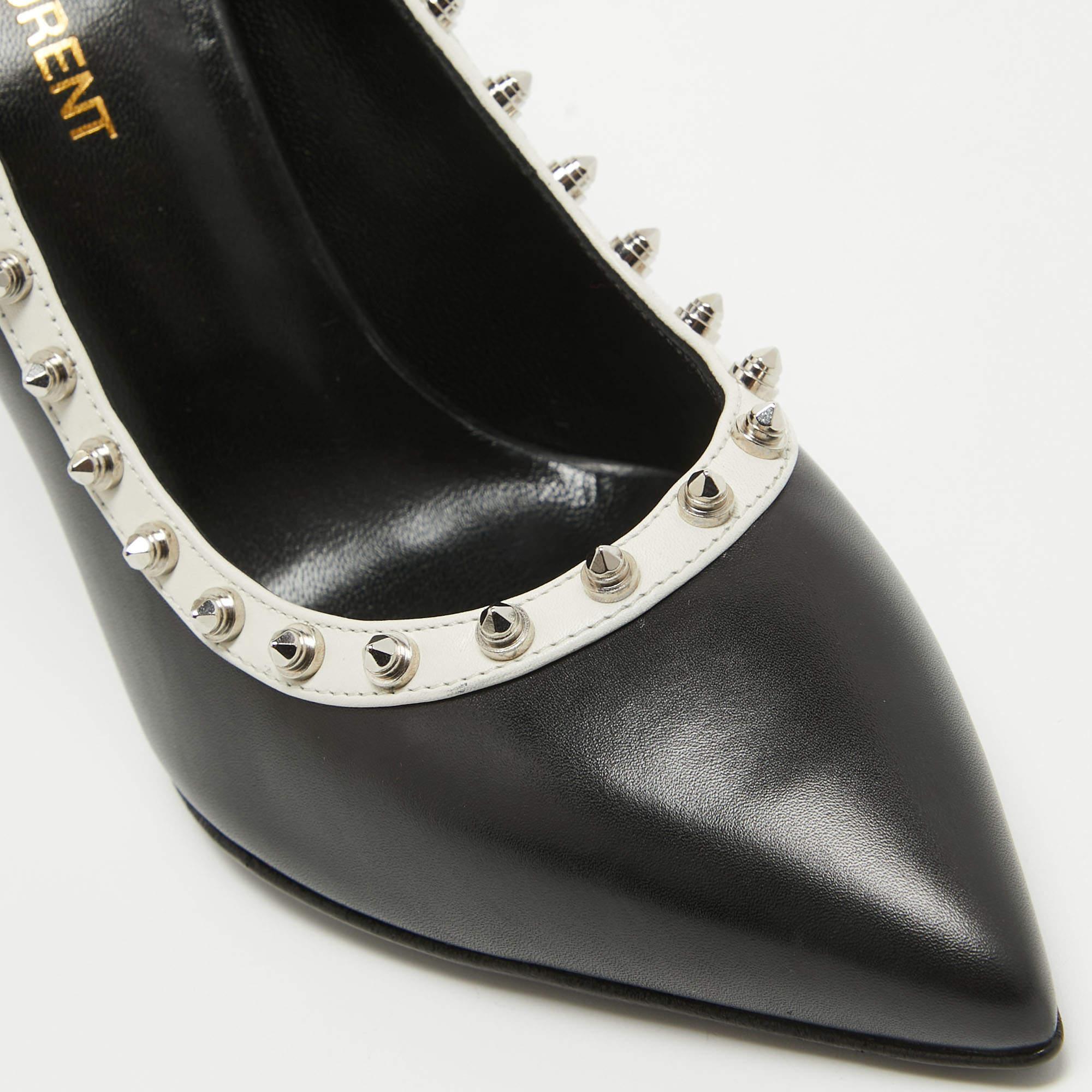 Saint Laurent Black/White Leather Studded Pointed Toe Pumps Size 36 For Sale 2