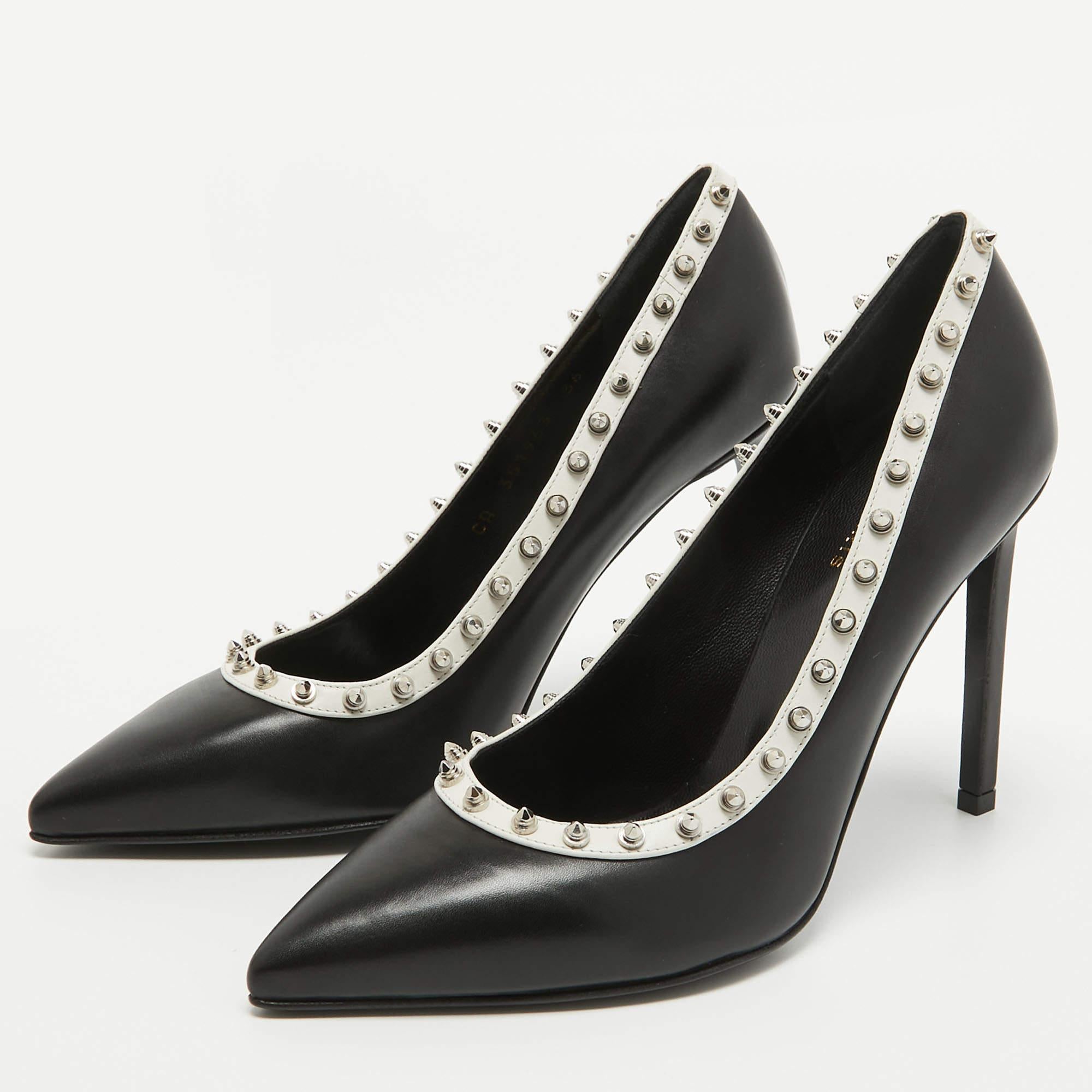 Saint Laurent Black/White Leather Studded Pointed Toe Pumps Size 36 For Sale 4