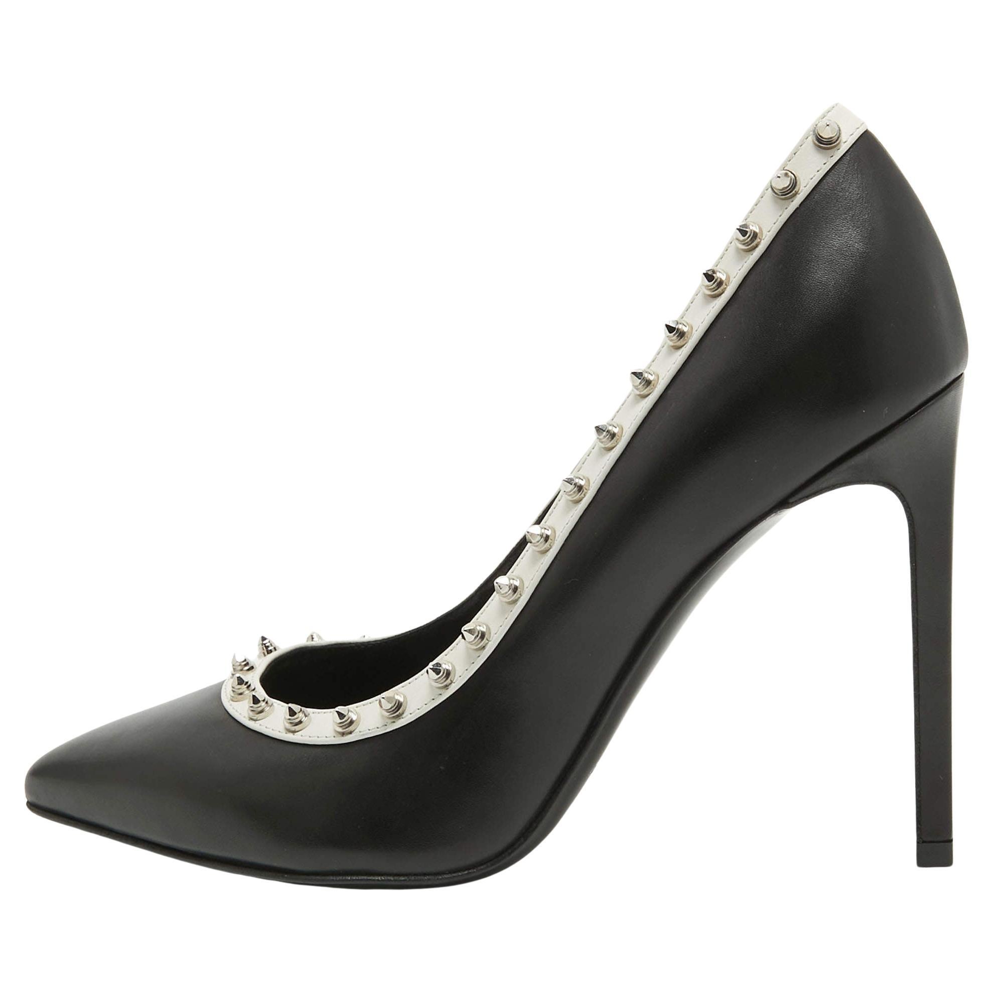 Saint Laurent Black/White Leather Studded Pointed Toe Pumps Size 36 For Sale