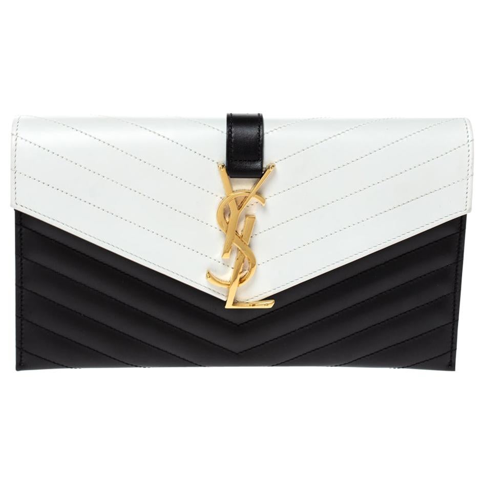 Saint Laurent Black/White Matelassé Leather Envelope Clutch