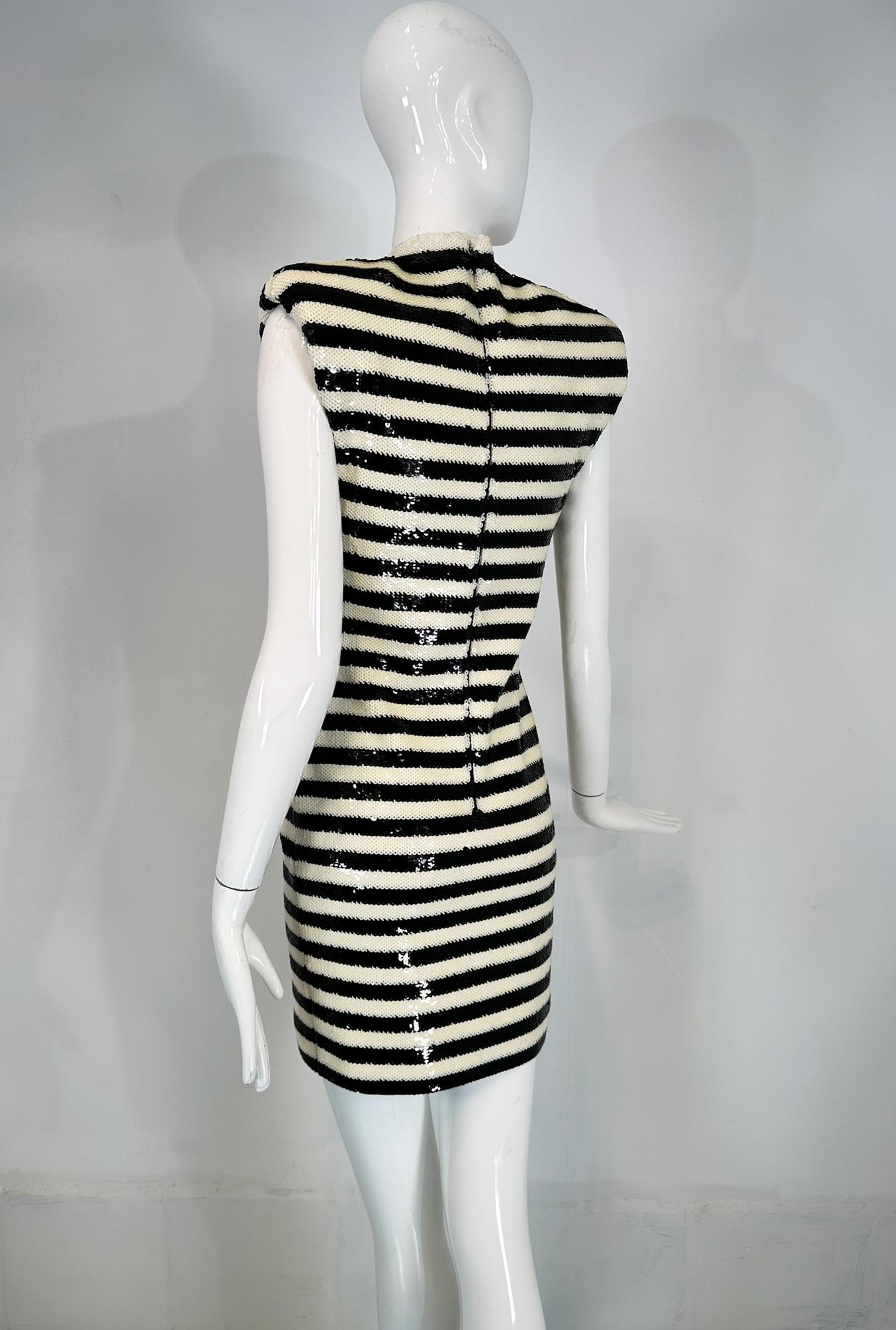 Saint Laurent Black & White Sequined Padded Shoulder Sleeveless Sheath Dress 5