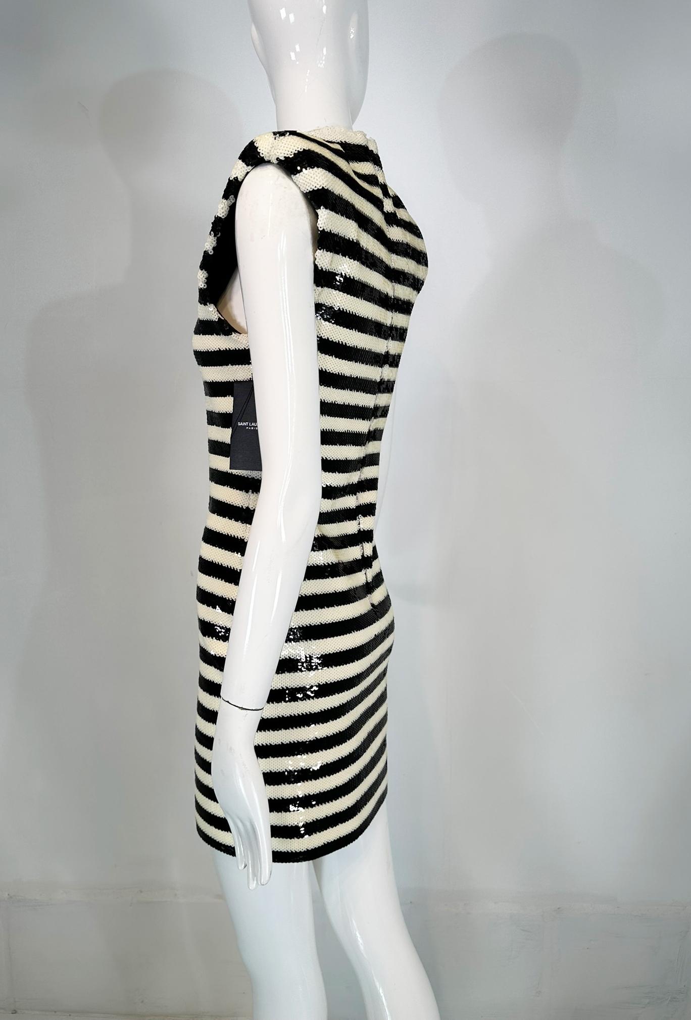 Saint Laurent Black & White Sequined Padded Shoulder Sleeveless Sheath Dress 6