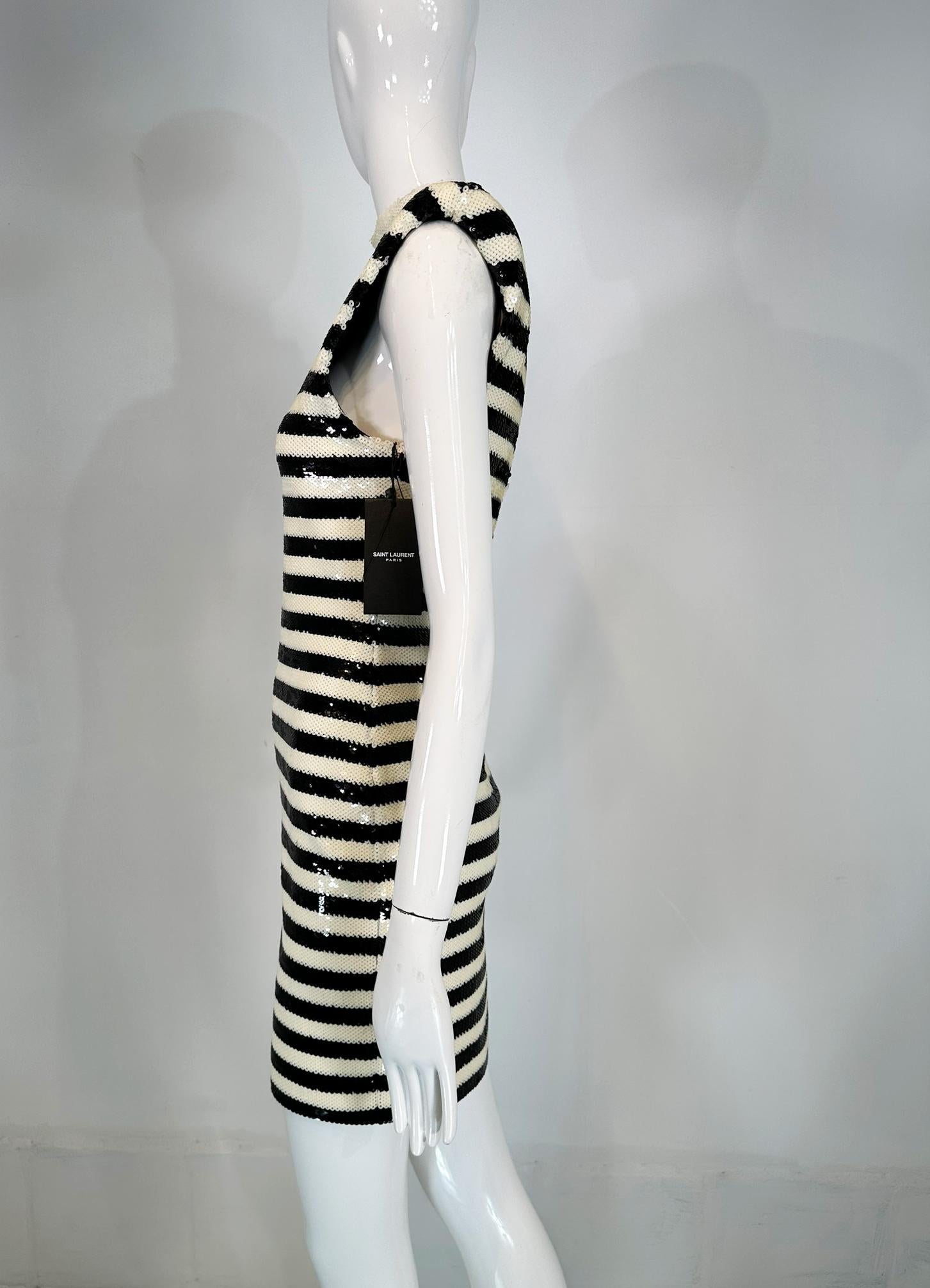 Saint Laurent Black & White Sequined Padded Shoulder Sleeveless Sheath Dress 7