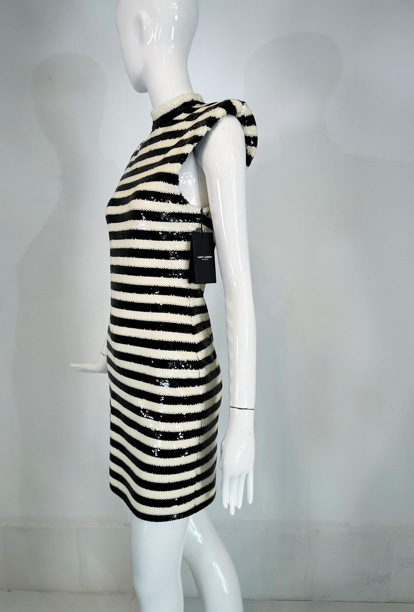 Saint Laurent Black & White Sequined Padded Shoulder Sleeveless Sheath Dress 8