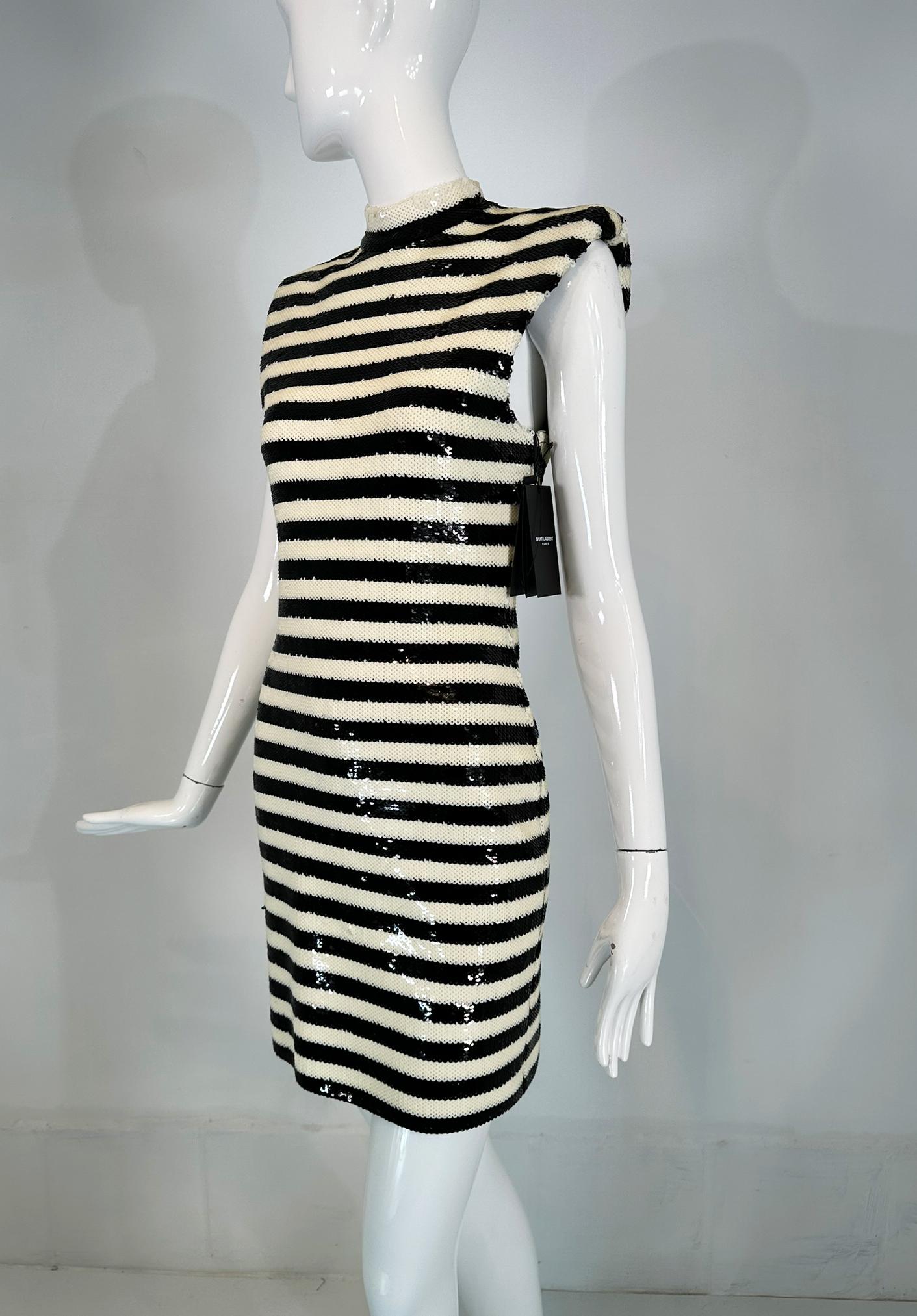 Saint Laurent Black & White Sequined Padded Shoulder Sleeveless Sheath Dress 9