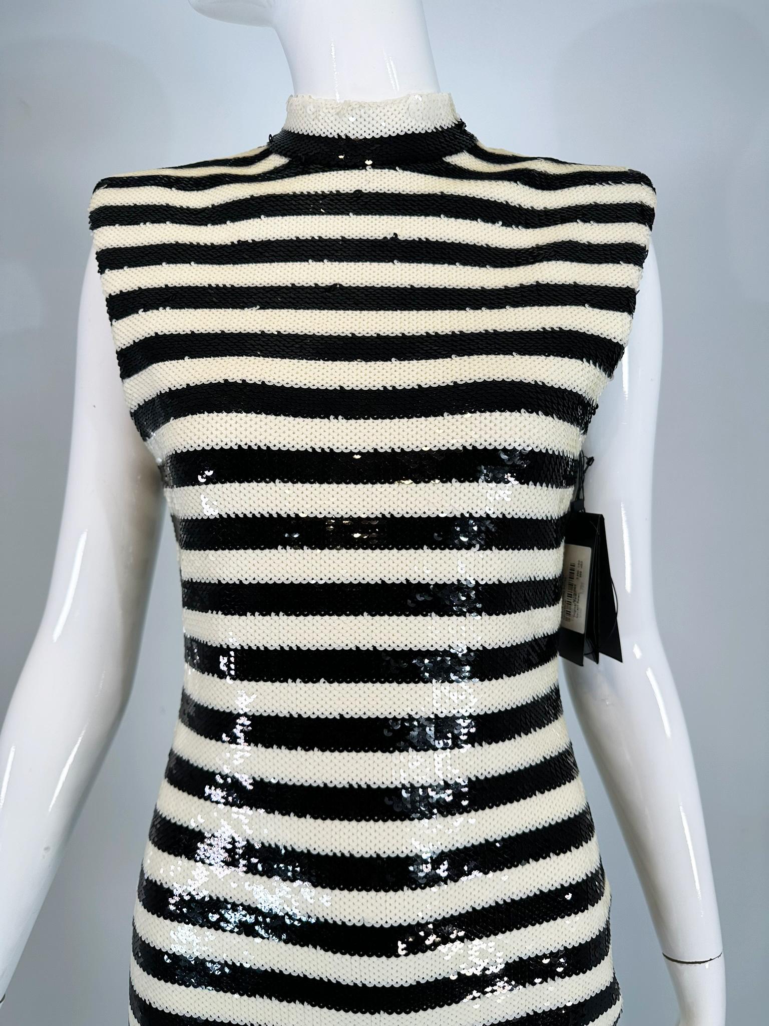 Saint Laurent Black & White Sequined Padded Shoulder Sleeveless Sheath Dress 10