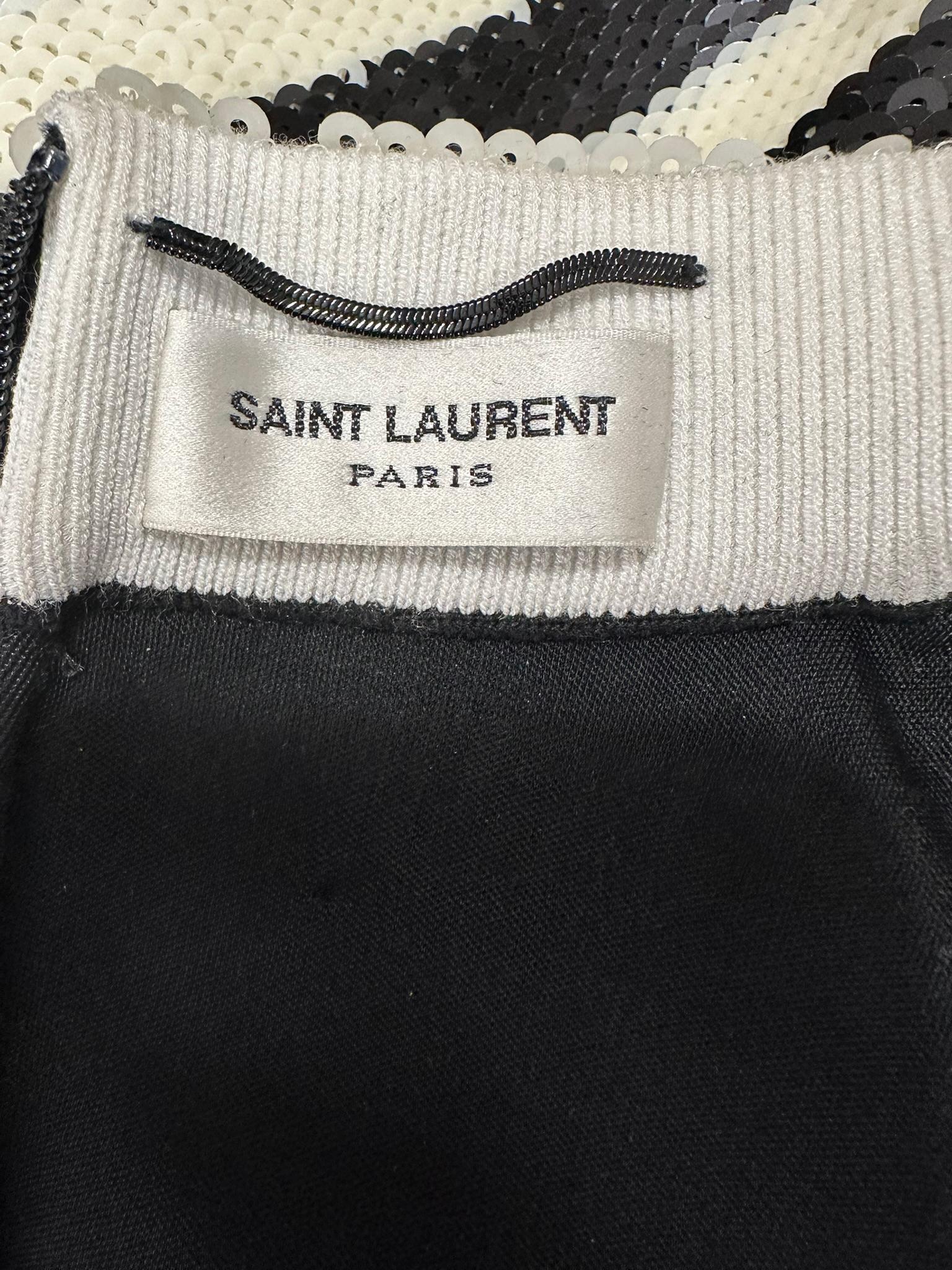 Saint Laurent Black & White Sequined Padded Shoulder Sleeveless Sheath Dress 12