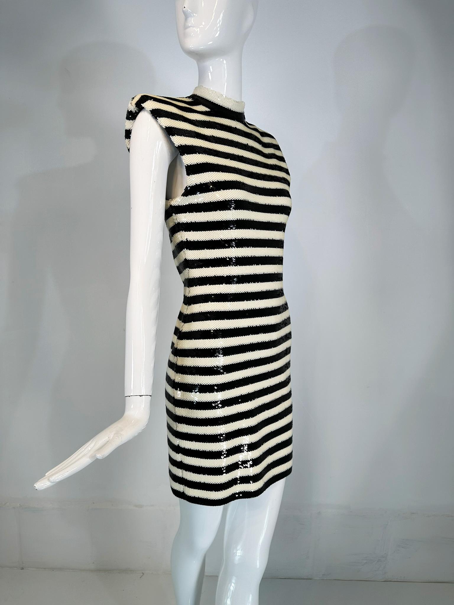 Beige Saint Laurent Black & White Sequined Padded Shoulder Sleeveless Sheath Dress
