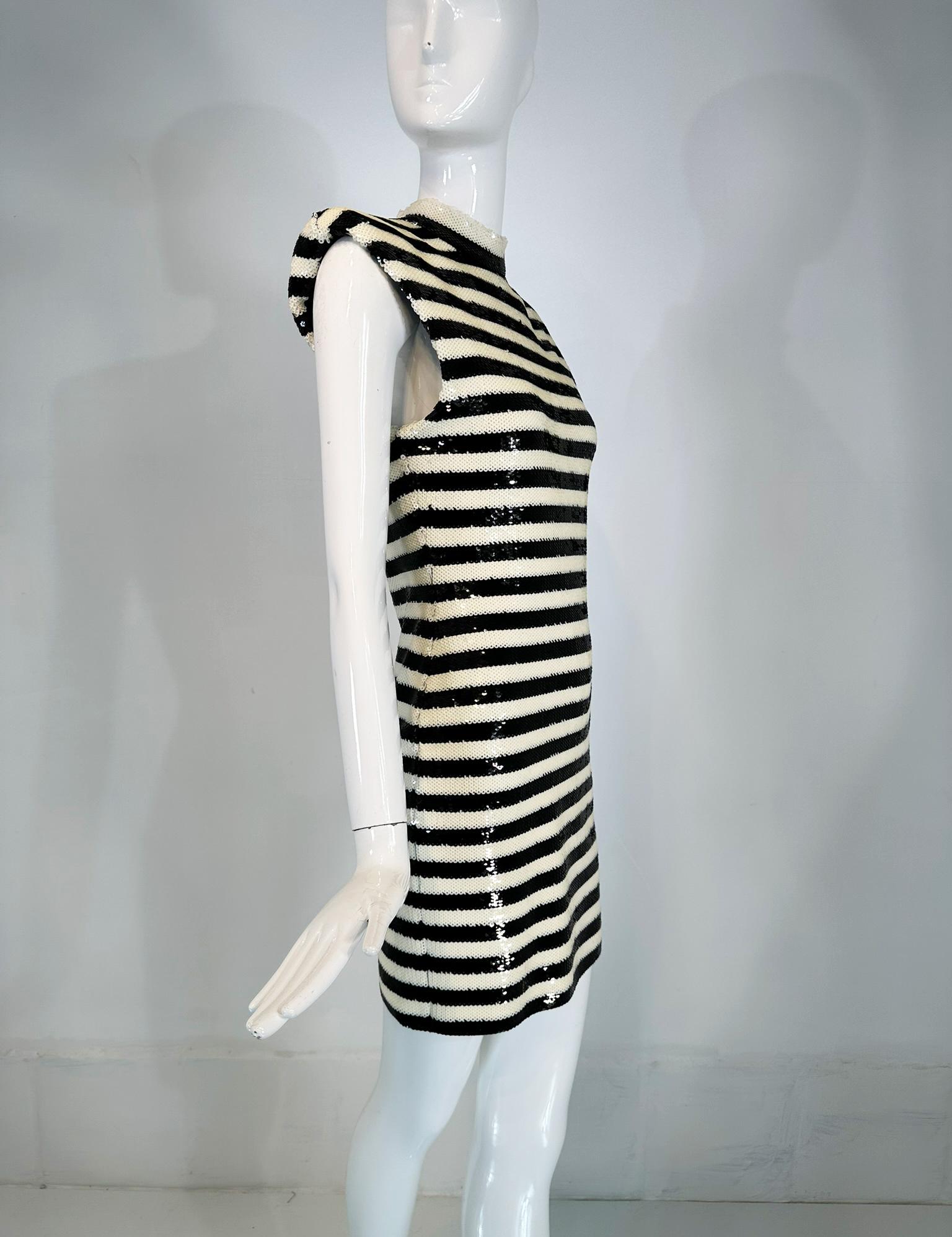 Women's Saint Laurent Black & White Sequined Padded Shoulder Sleeveless Sheath Dress