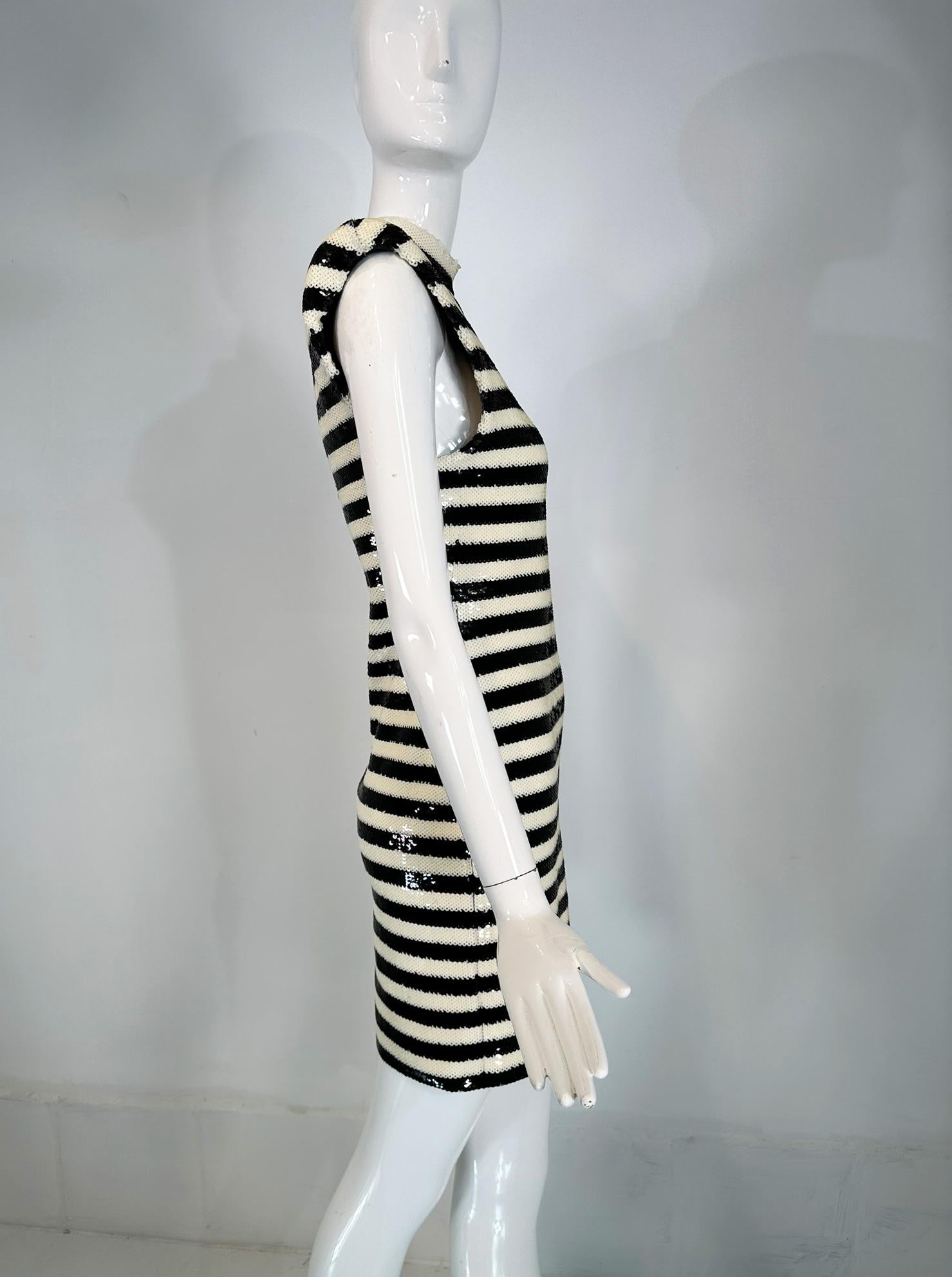 Saint Laurent Black & White Sequined Padded Shoulder Sleeveless Sheath Dress 1