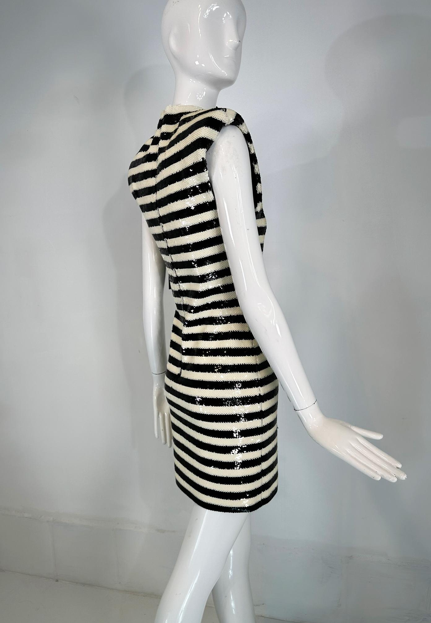 Saint Laurent Black & White Sequined Padded Shoulder Sleeveless Sheath Dress 2