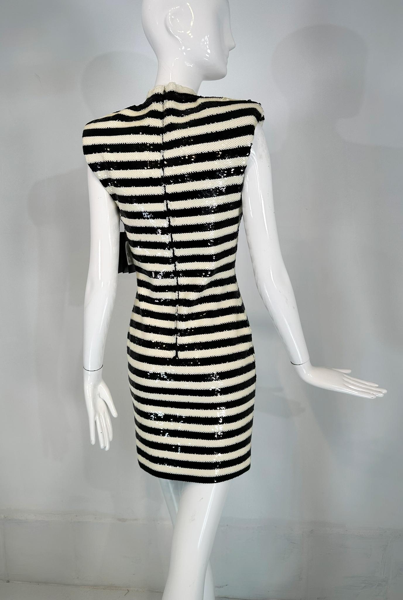 Saint Laurent Black & White Sequined Padded Shoulder Sleeveless Sheath Dress 3