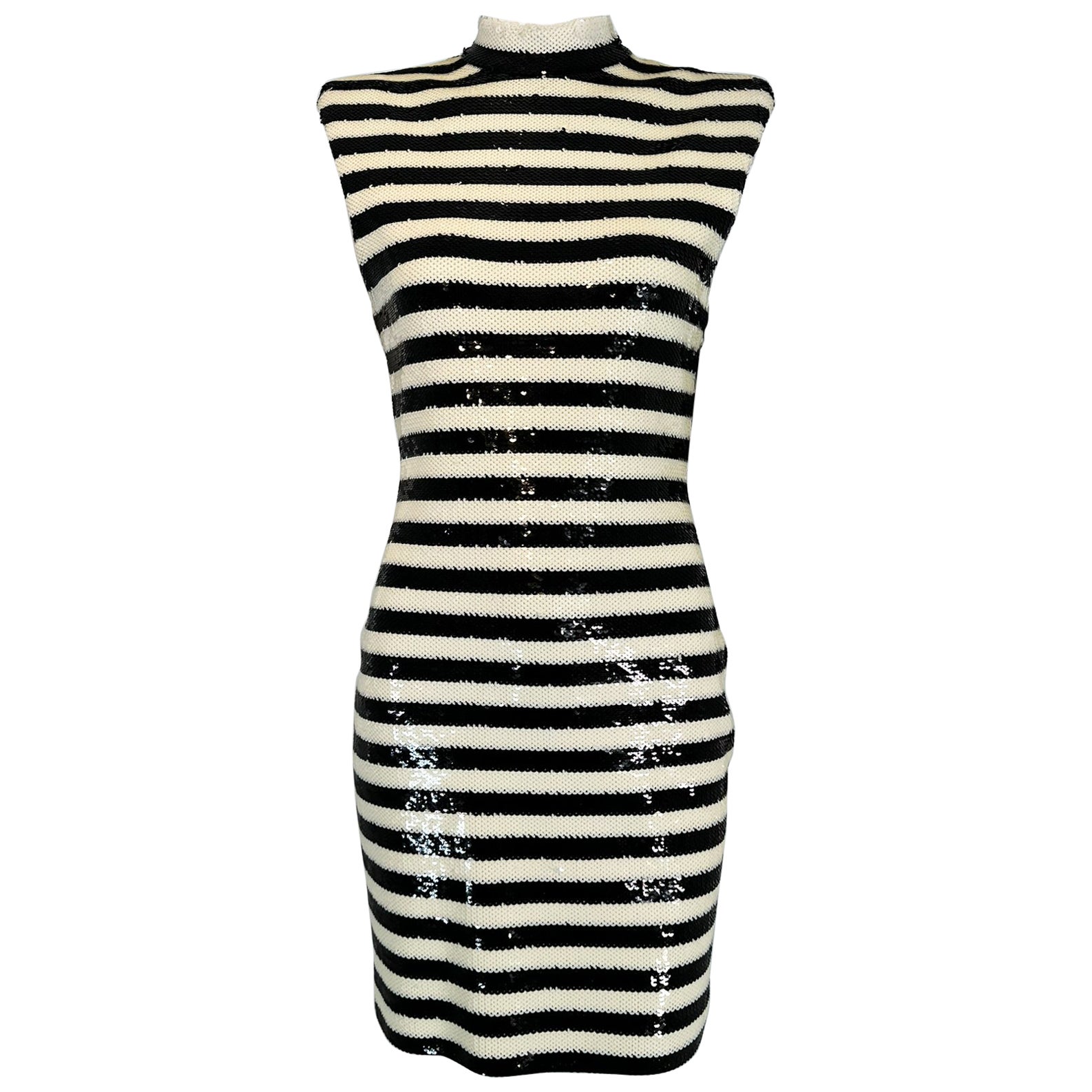 Saint Laurent Black & White Sequined Padded Shoulder Sleeveless Sheath Dress