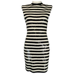 Saint Laurent Black & White Sequined Padded Shoulder Sleeveless Sheath Dress