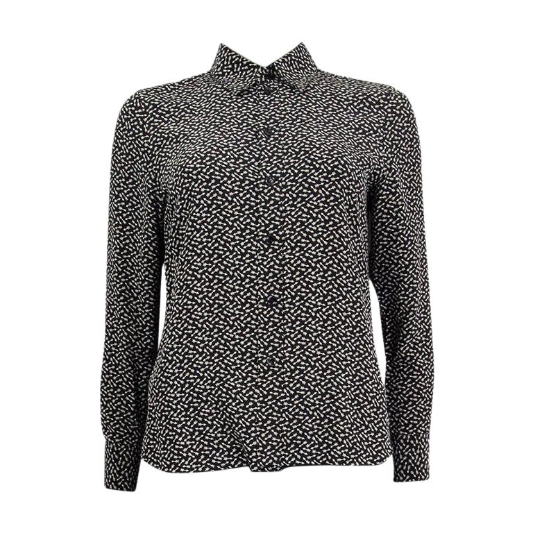 Chemisier Saint-Laurent en soie noire et blanche à imprimé raphia, taille 38 S