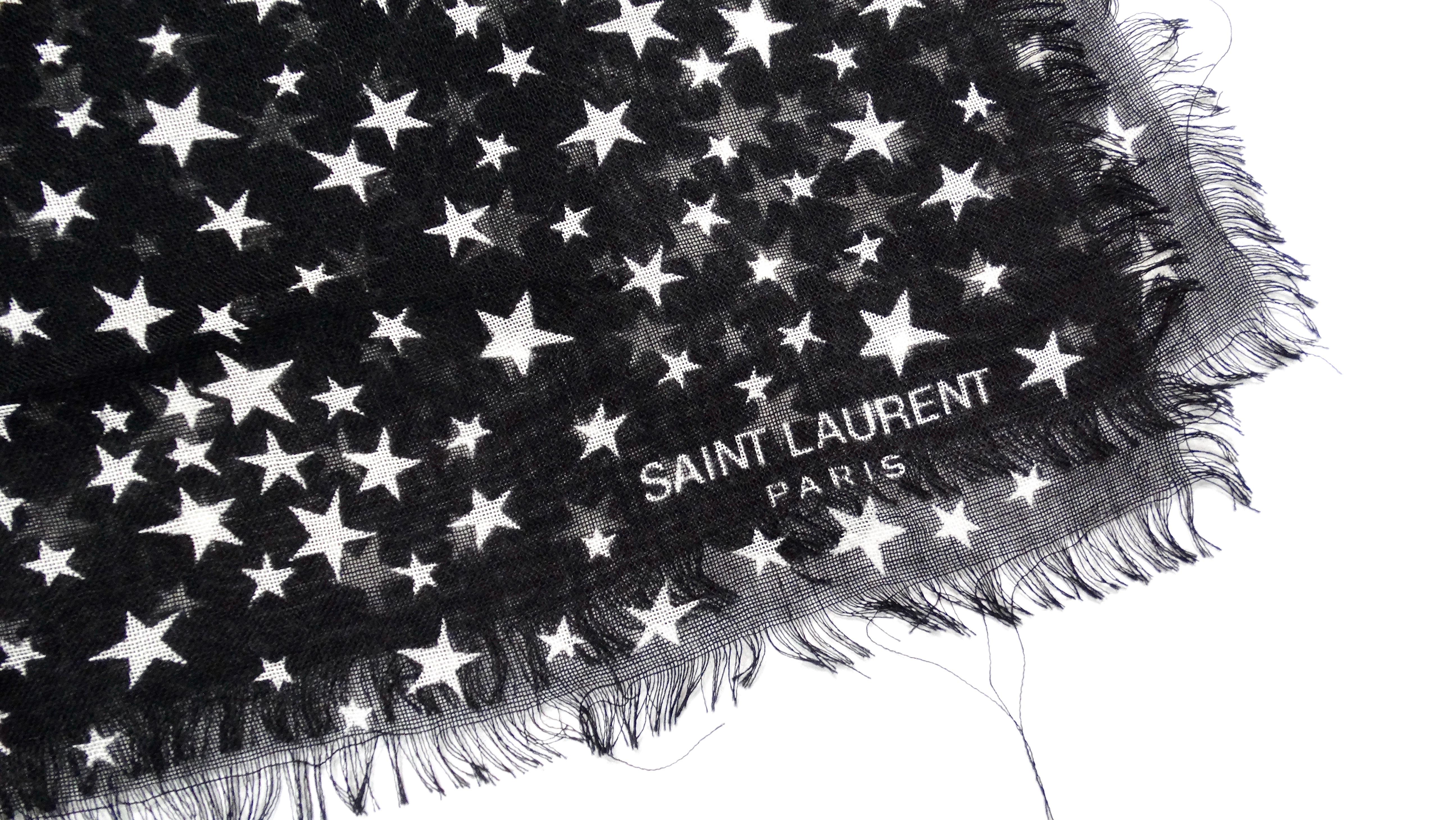 Gray Saint Laurent Black & White Star Print Frayed Cashmere Blend Scarf For Sale