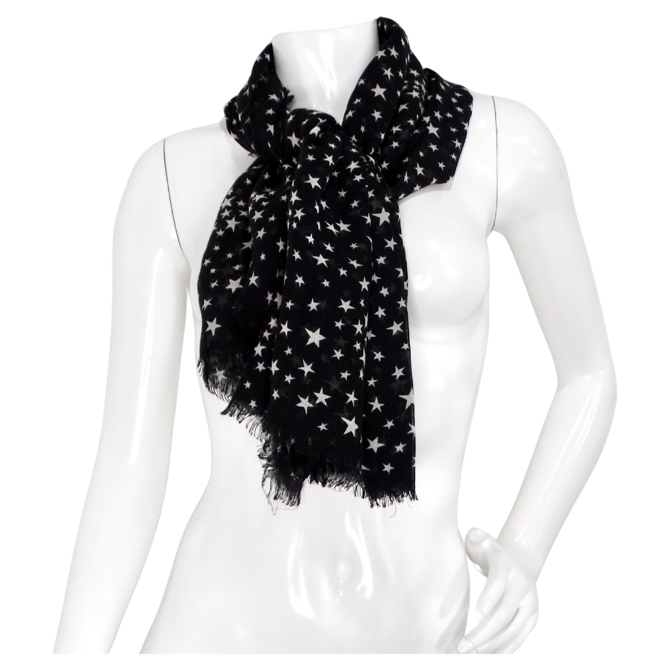 Saint Laurent Black & White Star Print Frayed Cashmere Blend Scarf For Sale