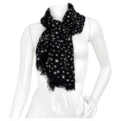 Saint Laurent Black & White Star Print Frayed Cashmere Blend Scarf