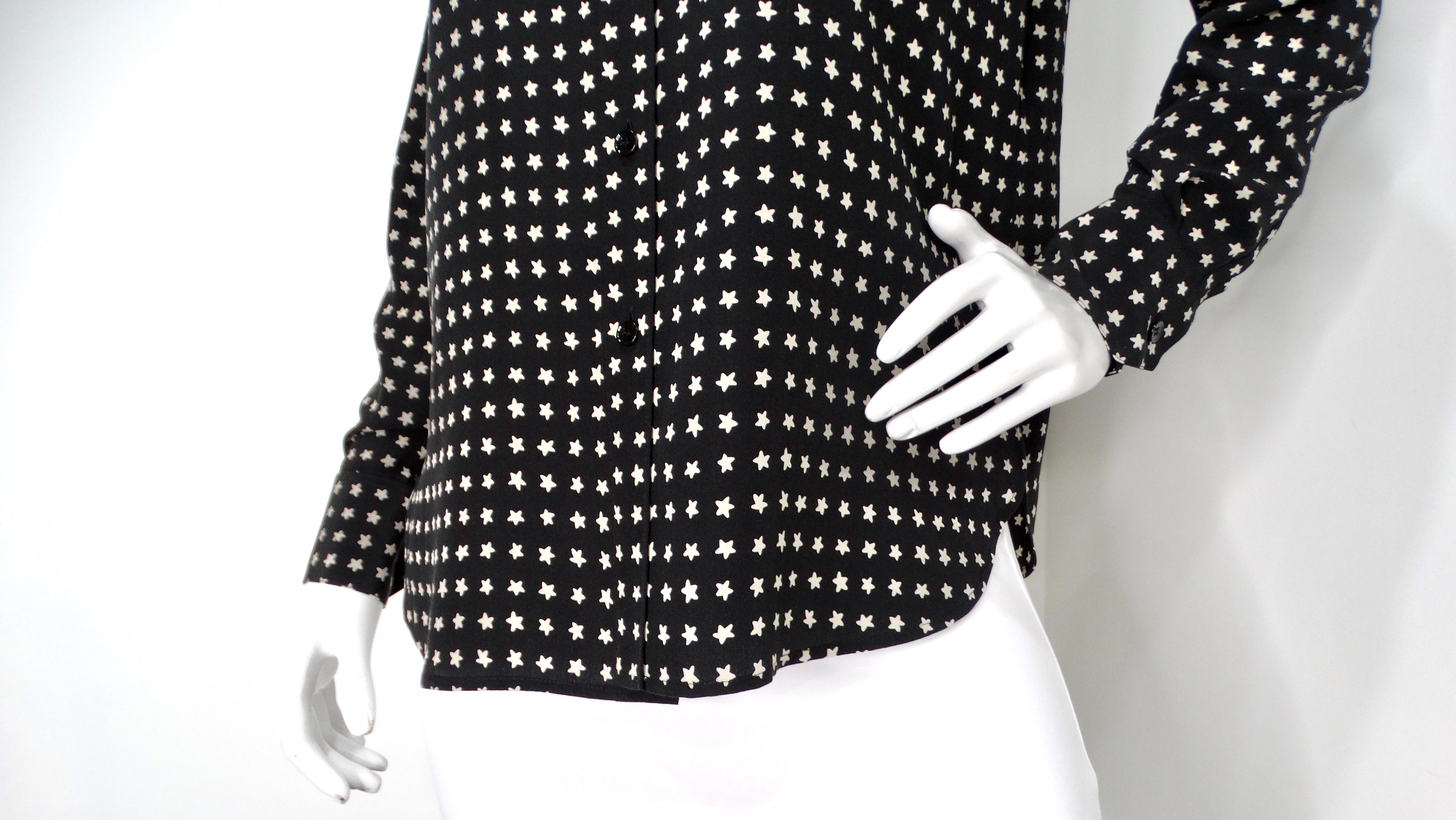 Saint Laurent Black & White Star Print Silk Long Sleeve Button-Up Blouse In Good Condition For Sale In Scottsdale, AZ