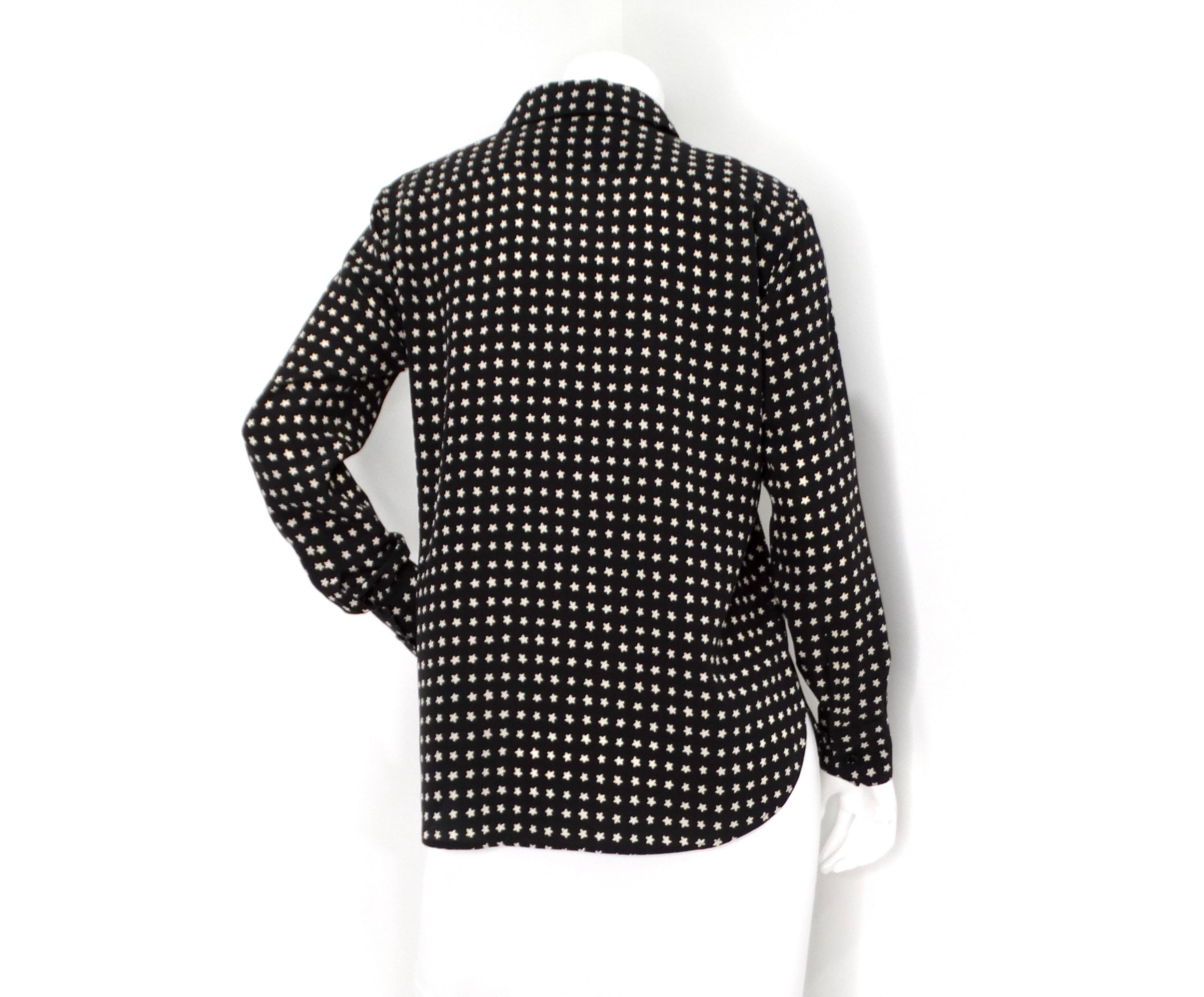 Saint Laurent Black & White Star Print Silk Long Sleeve Button-Up Blouse For Sale 2