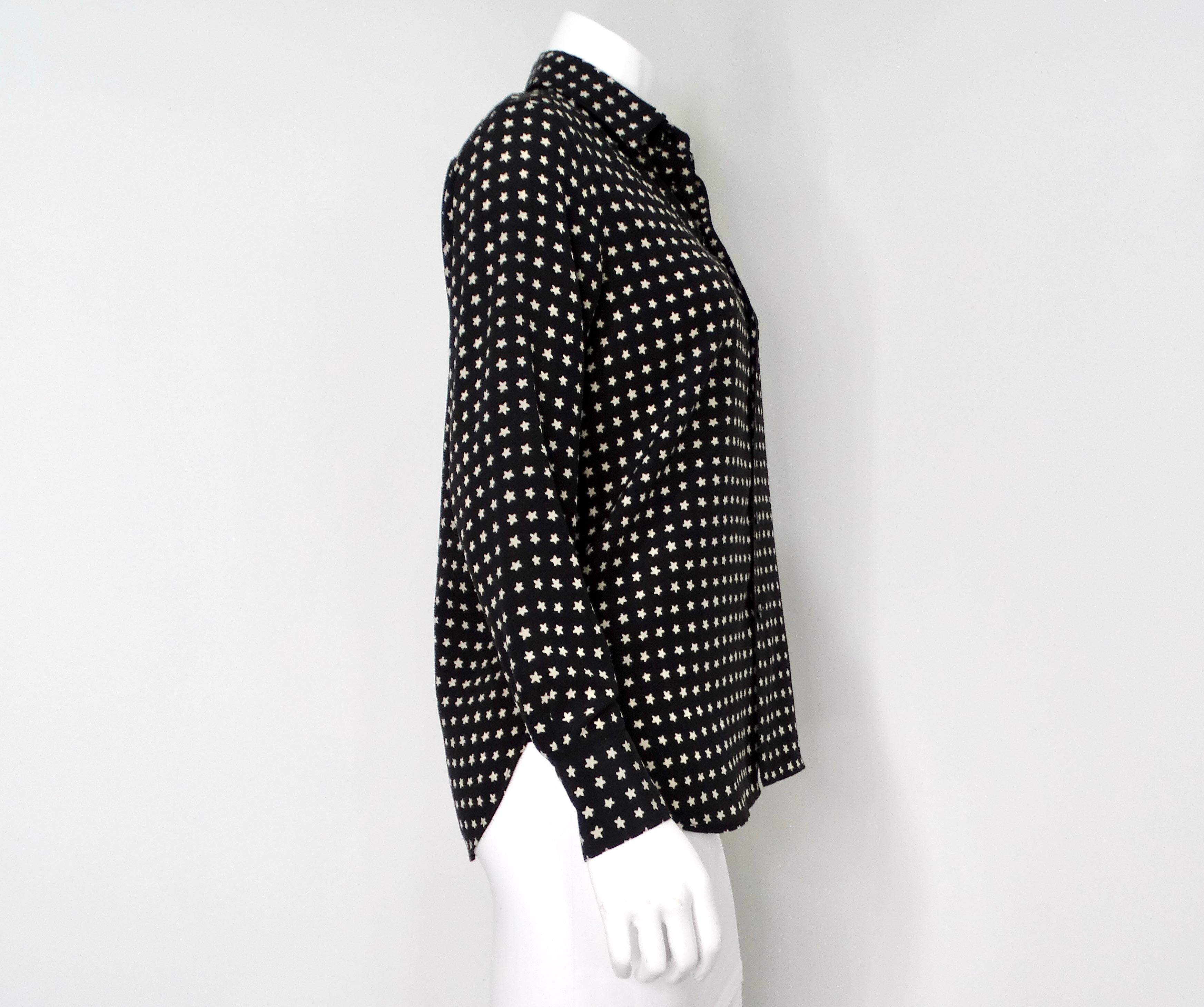 Saint Laurent Black & White Star Print Silk Long Sleeve Button-Up Blouse For Sale 4