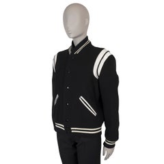SAINT LAURENT black & white wool LEATHER TRIM TEDDY Bomber Jacket 48 (mens)