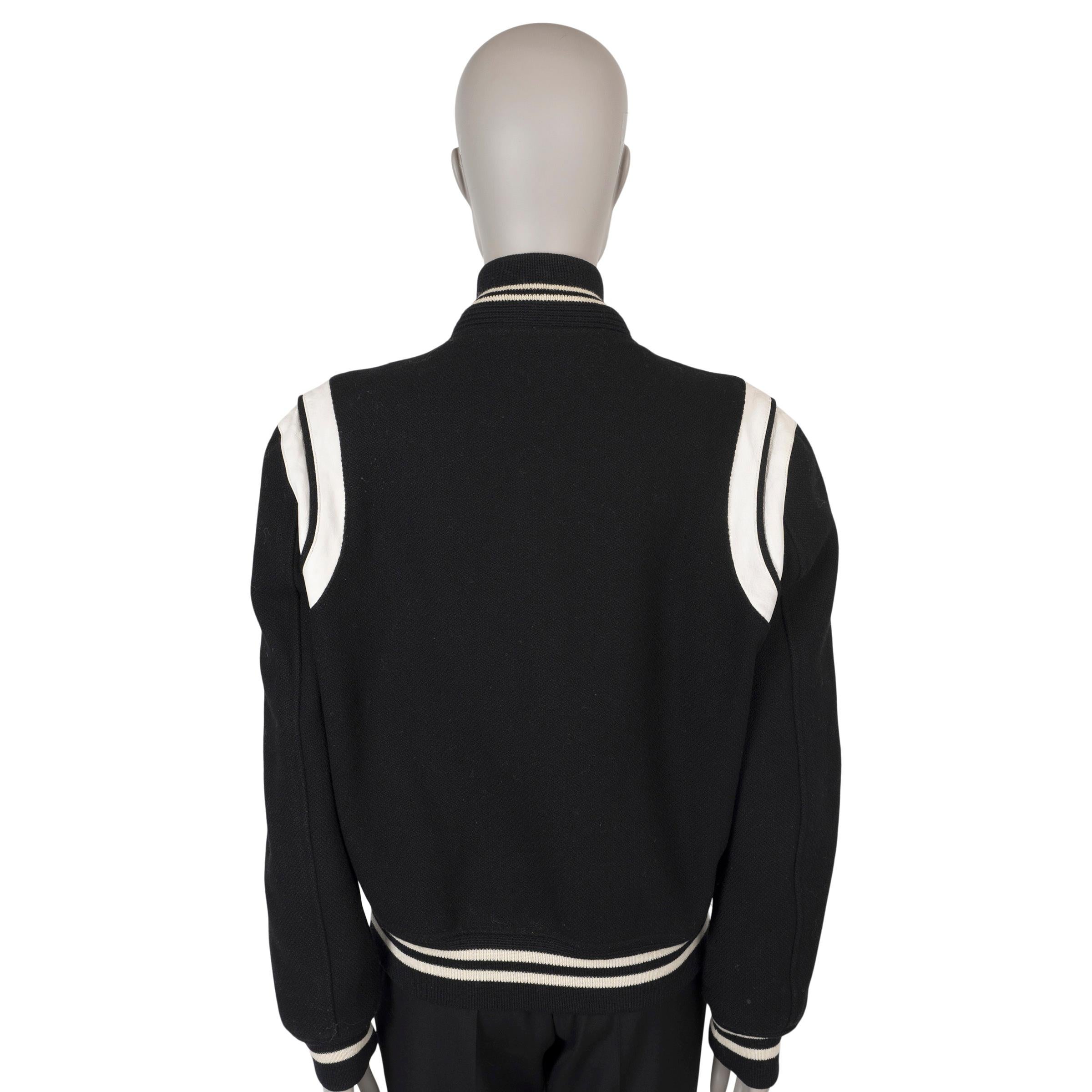 Black SAINT LAURENT black & white wool LEATHER TRIM TEDDY Bomber Jacket 48 (mens) For Sale
