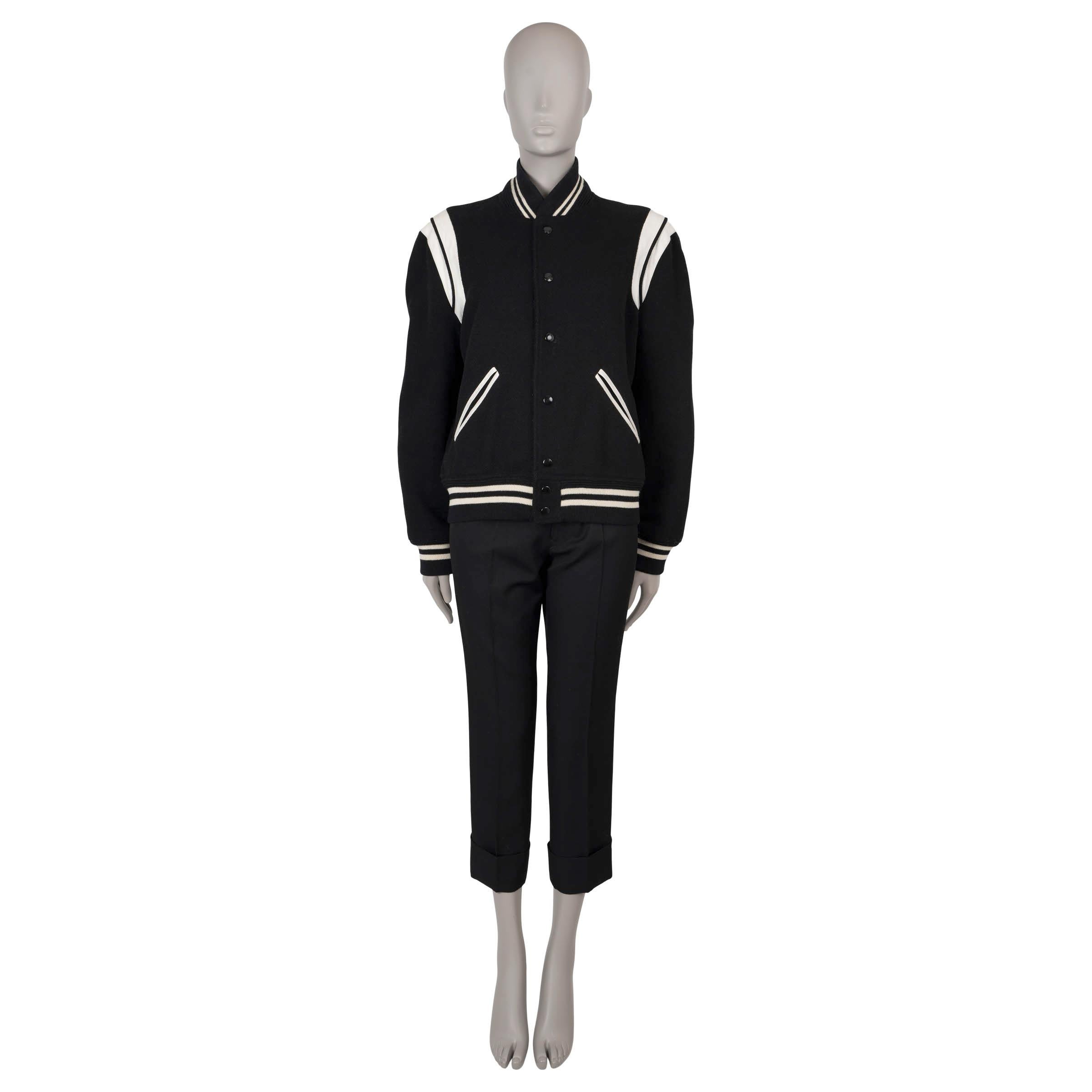 SAINT LAURENT black & white wool LEATHER TRIM TEDDY Bomber Jacket 48 (mens) In Good Condition For Sale In Zürich, CH