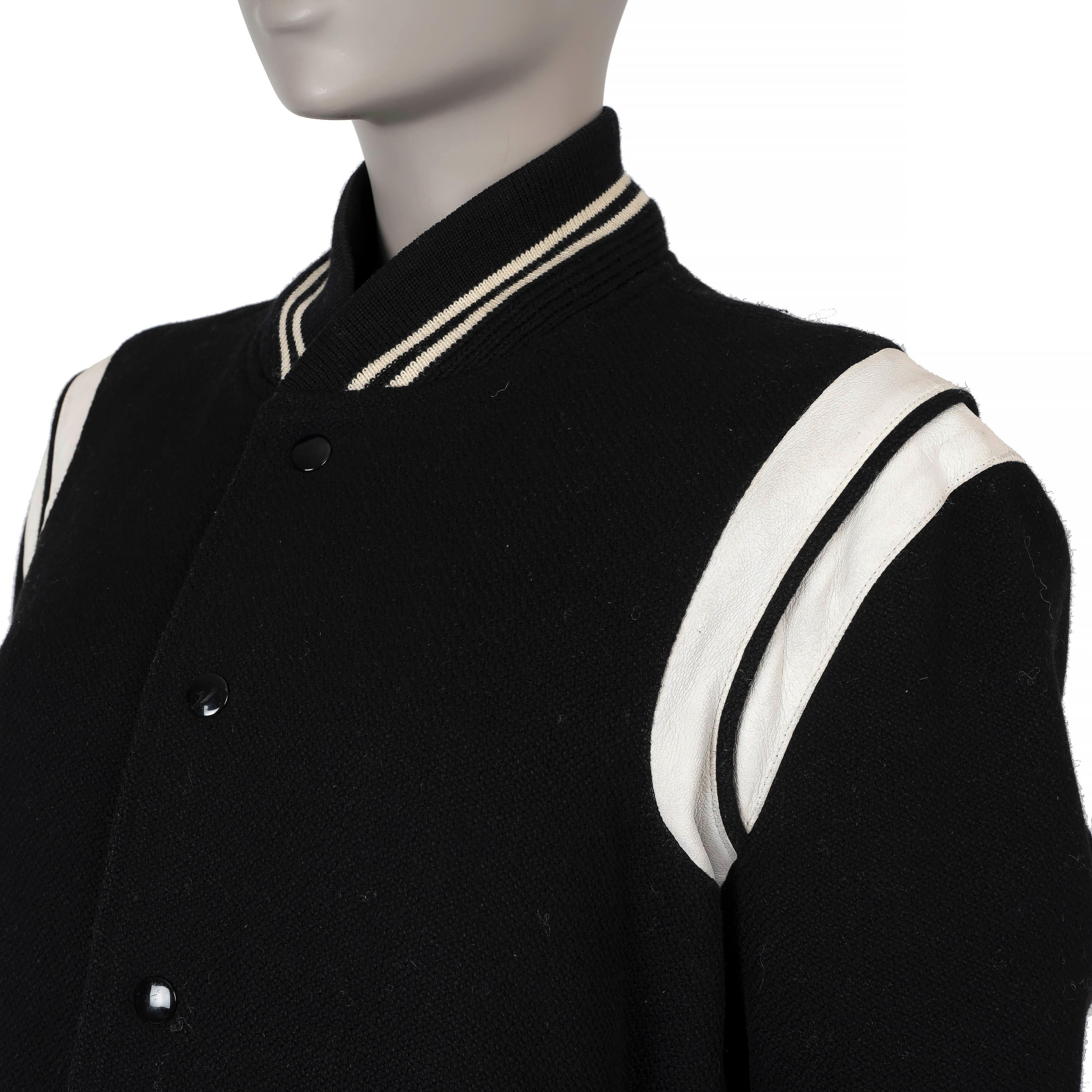 Women's or Men's SAINT LAURENT black & white wool LEATHER TRIM TEDDY Bomber Jacket 48 (mens) For Sale