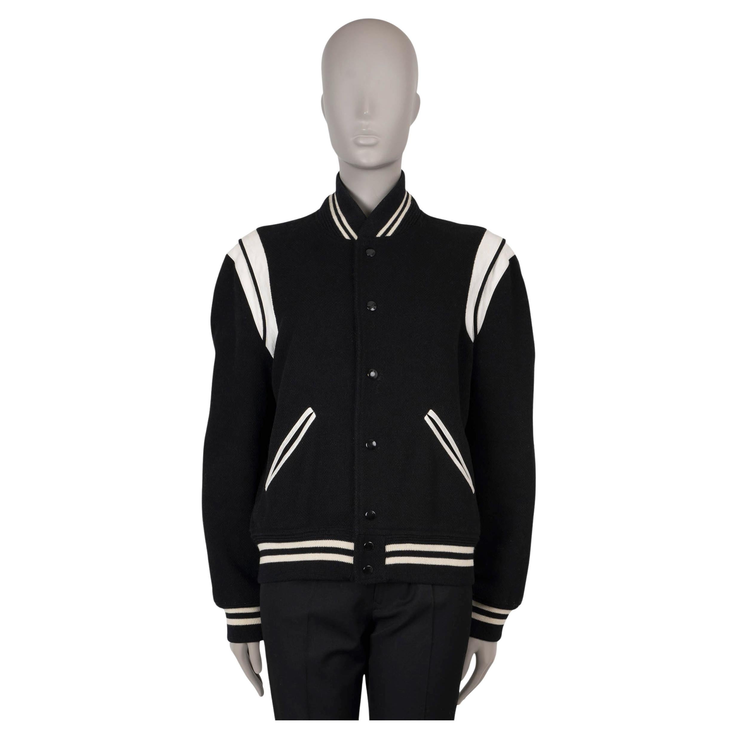 SAINT LAURENT black & white wool LEATHER TRIM TEDDY Bomber Jacket 48 (mens) For Sale