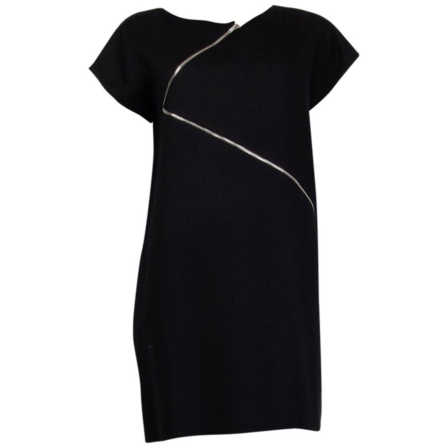 SAINT LAURENT black wool ASYMMETRIC ZIP CAP SLEEVE Dress 42 For Sale