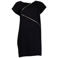 SAINT LAURENT black wool ASYMMETRIC ZIP CAP SLEEVE Dress 42
