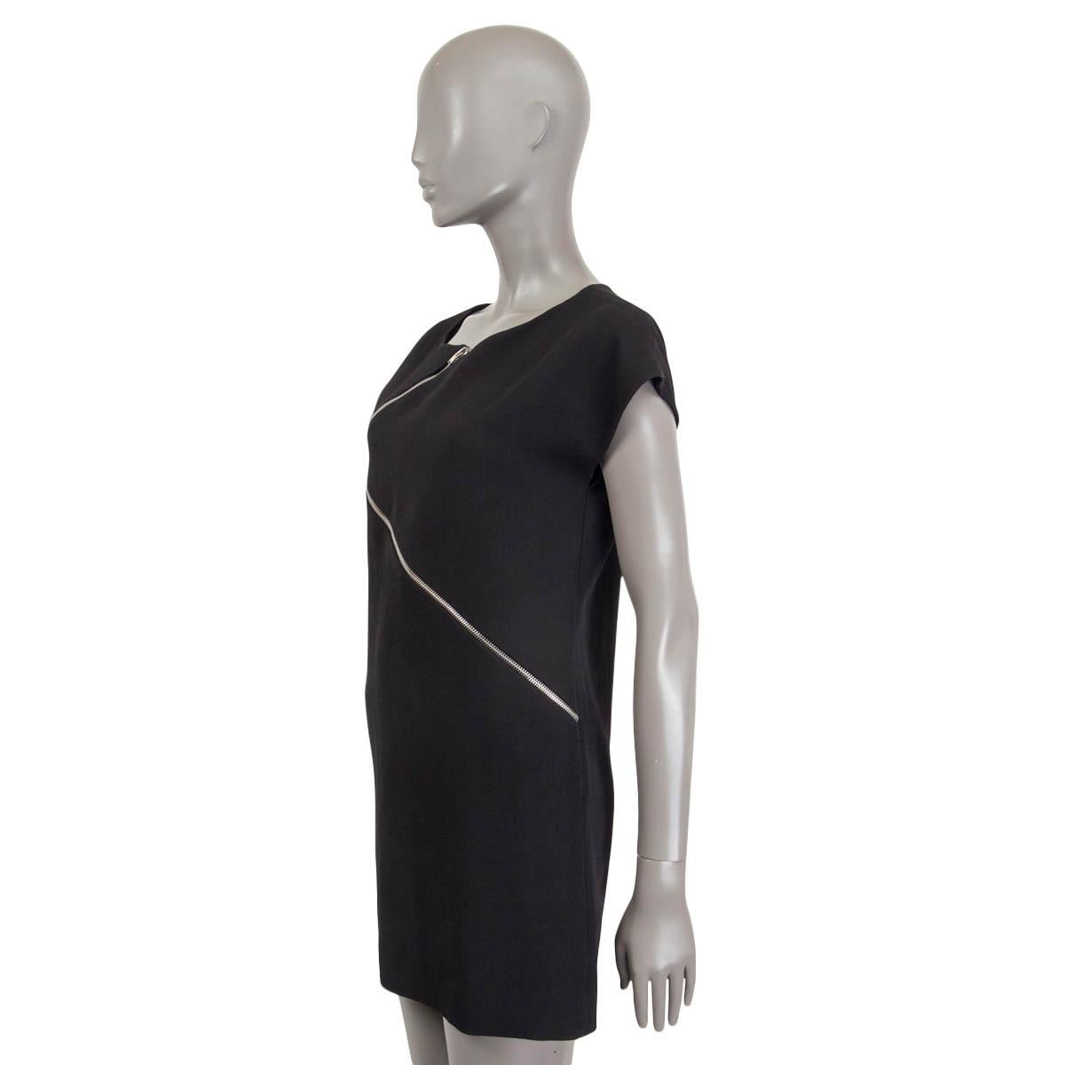 Black SAINT LAURENT black wool ASYMMETRIC ZIPPER CAP SLEEVE Dress XS For Sale