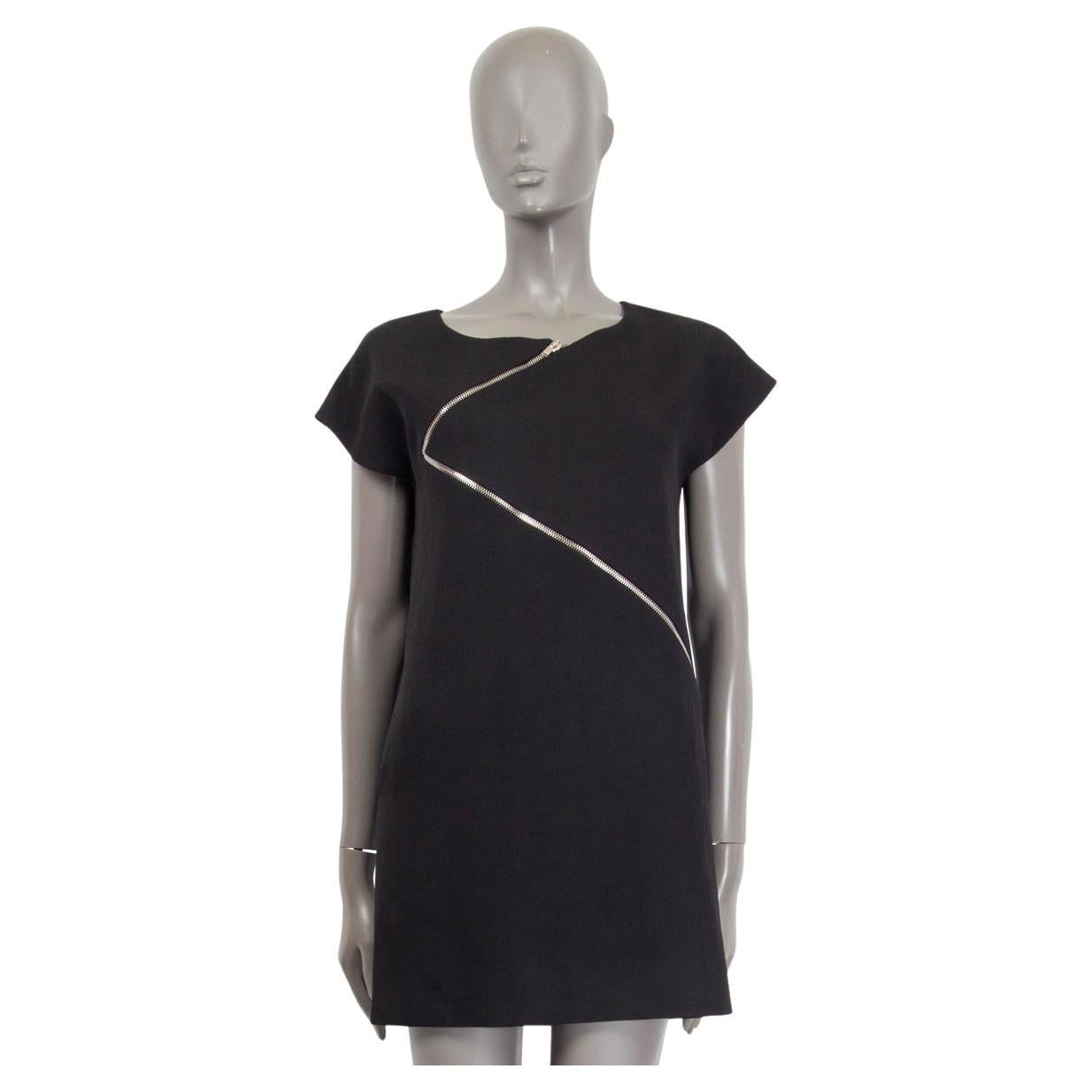 SAINT LAURENT black wool ASYMMETRIC ZIPPER CAP SLEEVE Dress XS For Sale