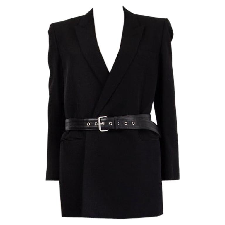 Saint Laurent double-breasted blazer wool (100%) with structured wool-twill, detachable belt (lamb 100%) for a slim-fitting style, notched collar, two slit-pockets in the front. Closes with two concealed buttons in the front. Lined in black fabric