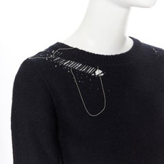 SAINT LAURENT black wool cashmere blend bead chain distressed cropped sweater XS