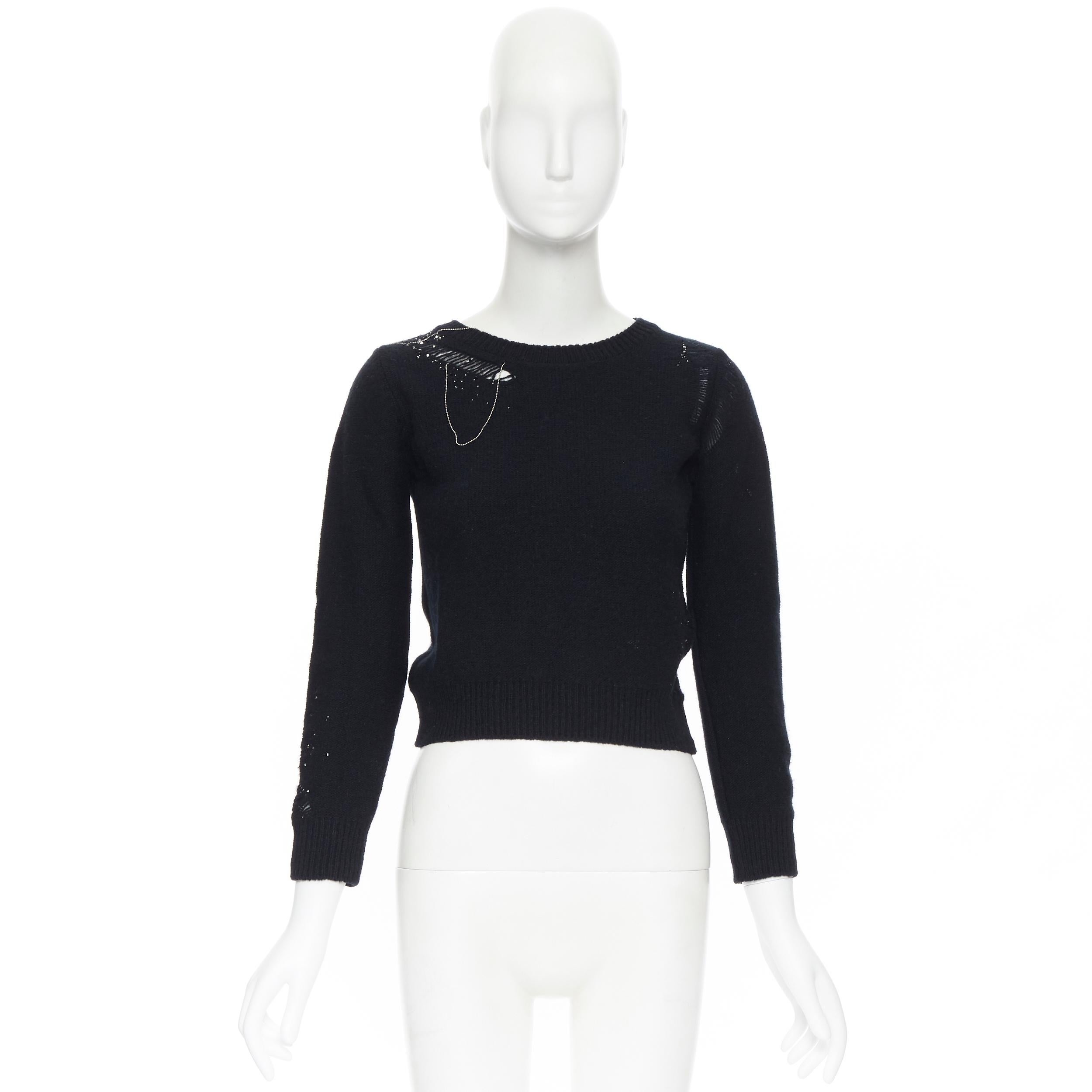 Black SAINT LAURENT black wool cashmere blend bead chain distressed cropped sweater XS