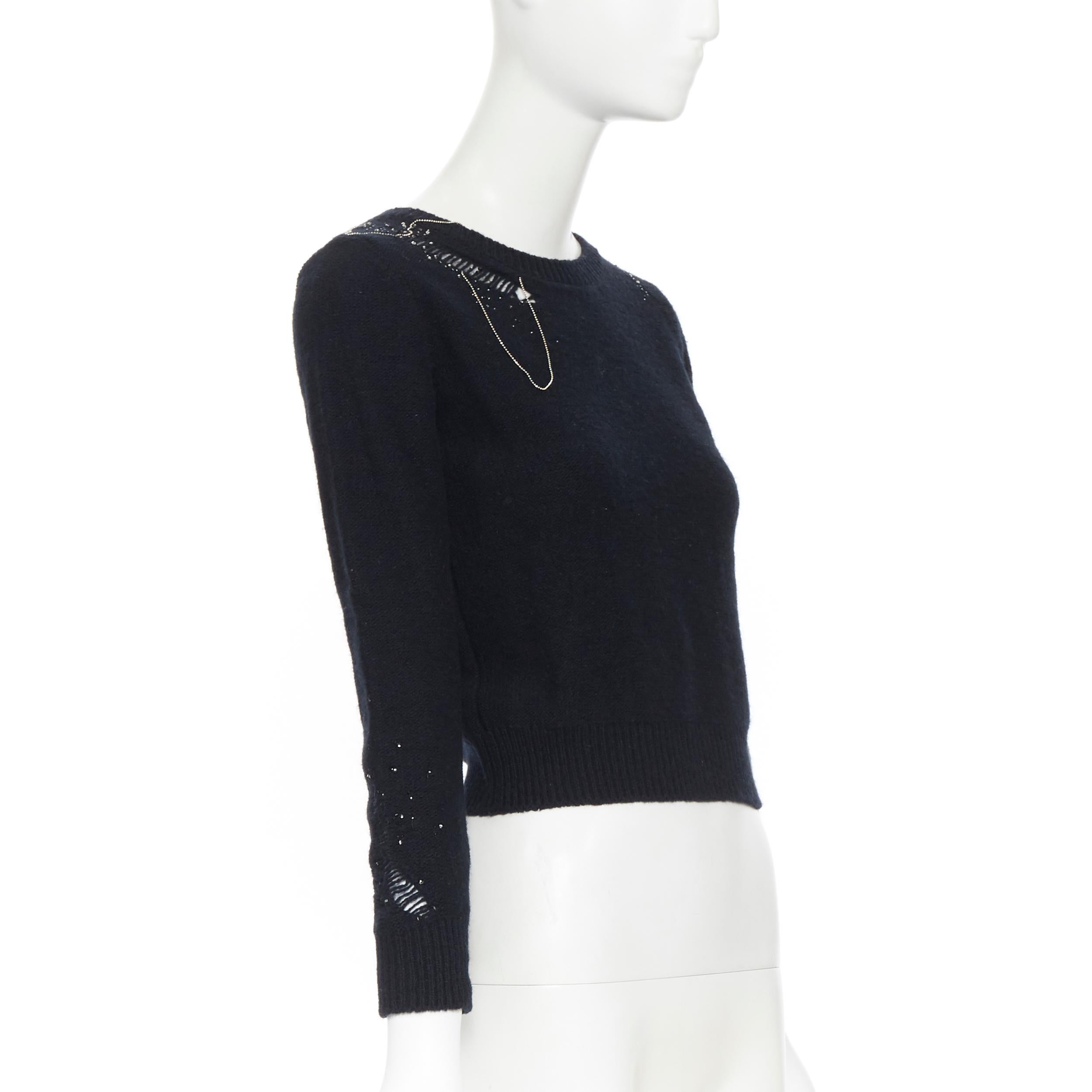 Women's SAINT LAURENT black wool cashmere blend bead chain distressed cropped sweater XS